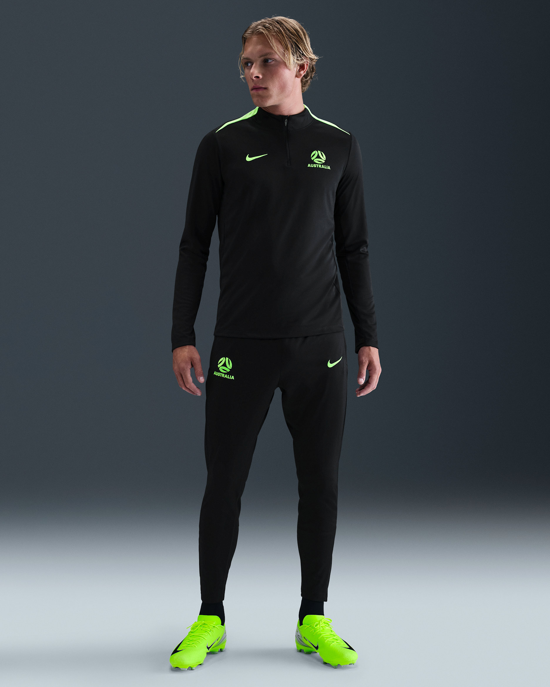 Australia Academy Pro Men's Nike Dri-FIT Football Knit Pants - Black/Lime Blast/Lime Blast
