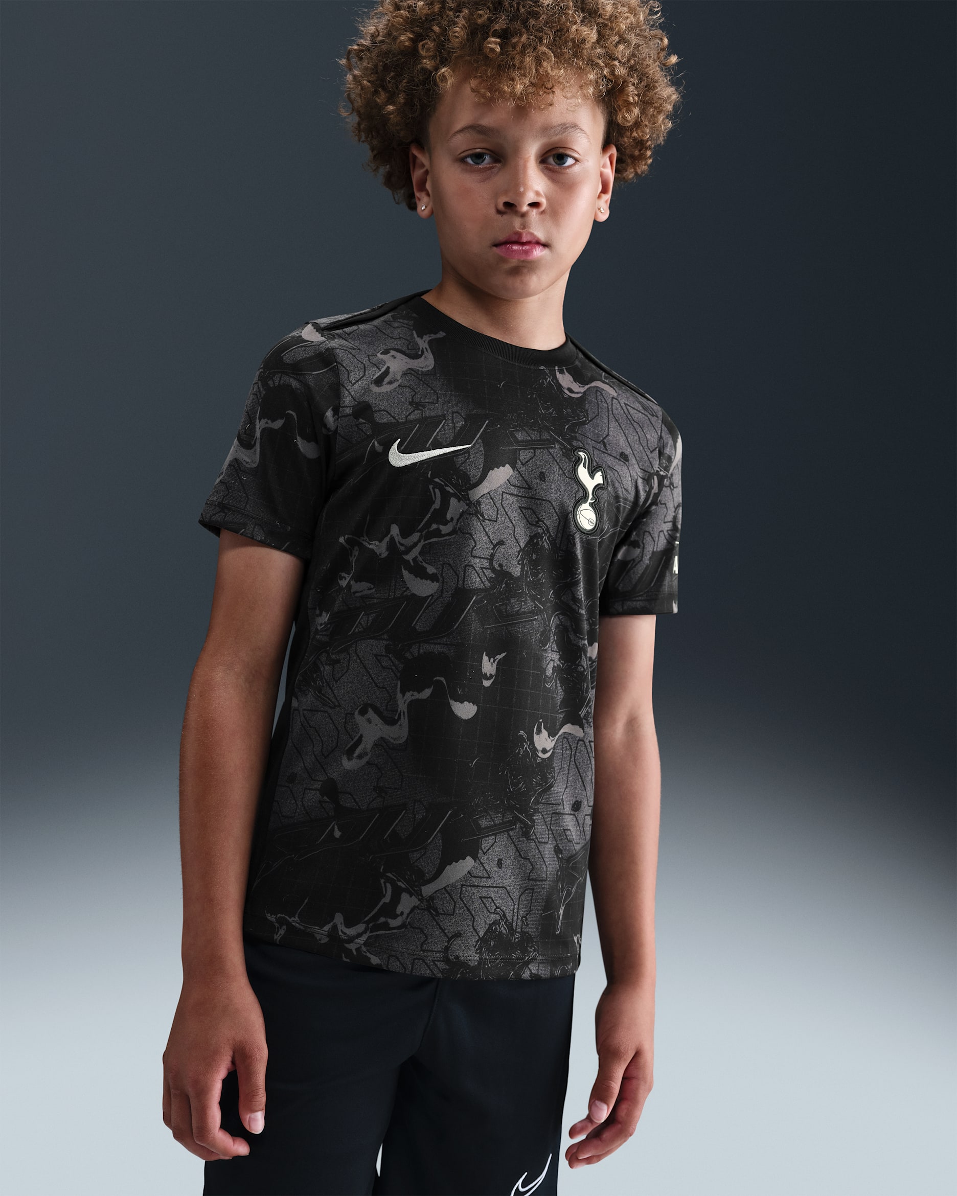 Tottenham Hotspur Academy Pro Away Older Kids' Nike Dri-FIT Football Pre-Match Short-Sleeve Top - Black/Medium Ash/Light Iron Ore