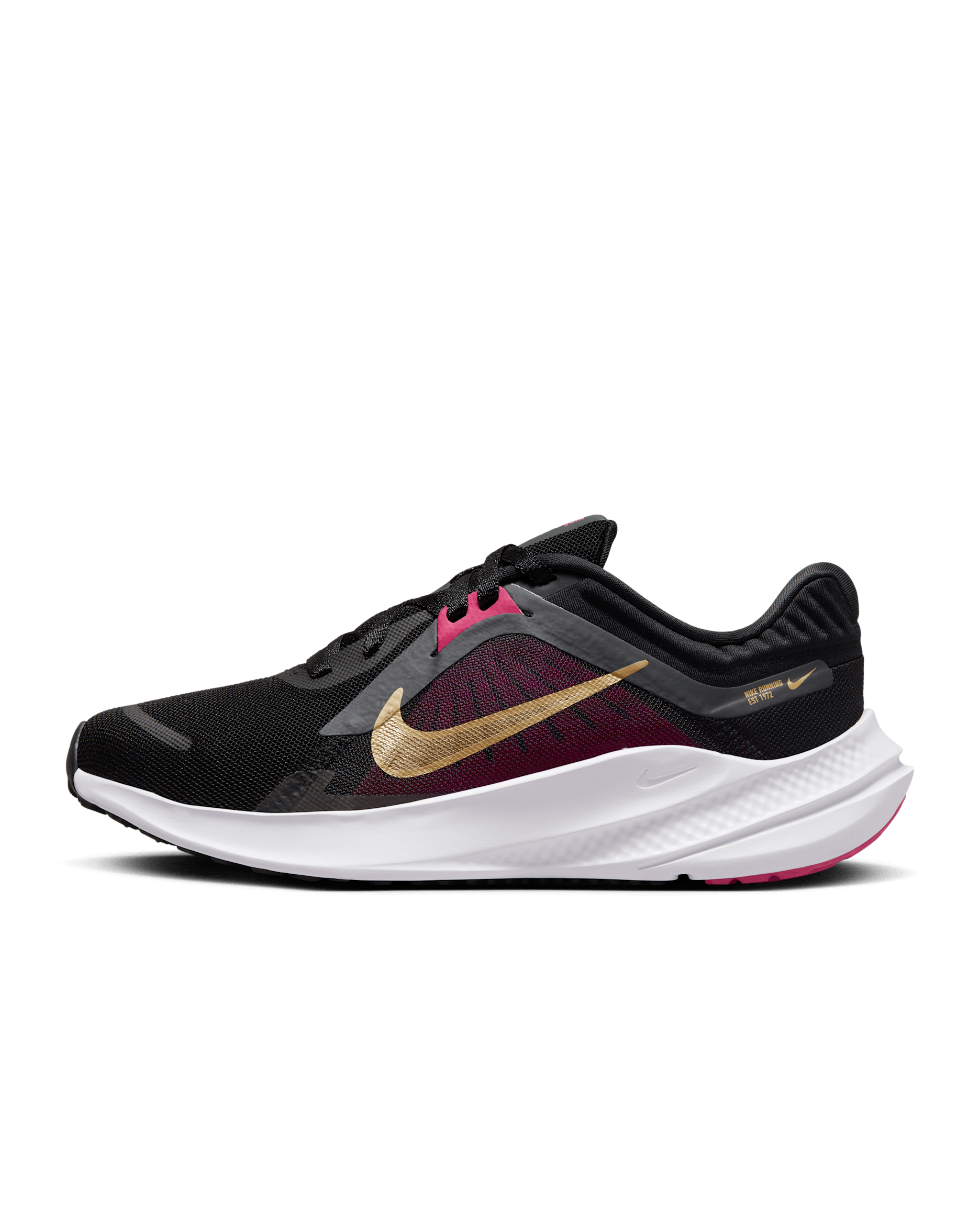 ナイキ クエスト 5 ウィメンズ ロード ランニングシューズ - ブラック/ダークスモークグレー/ファイヤーベリー/メタリックゴールド
