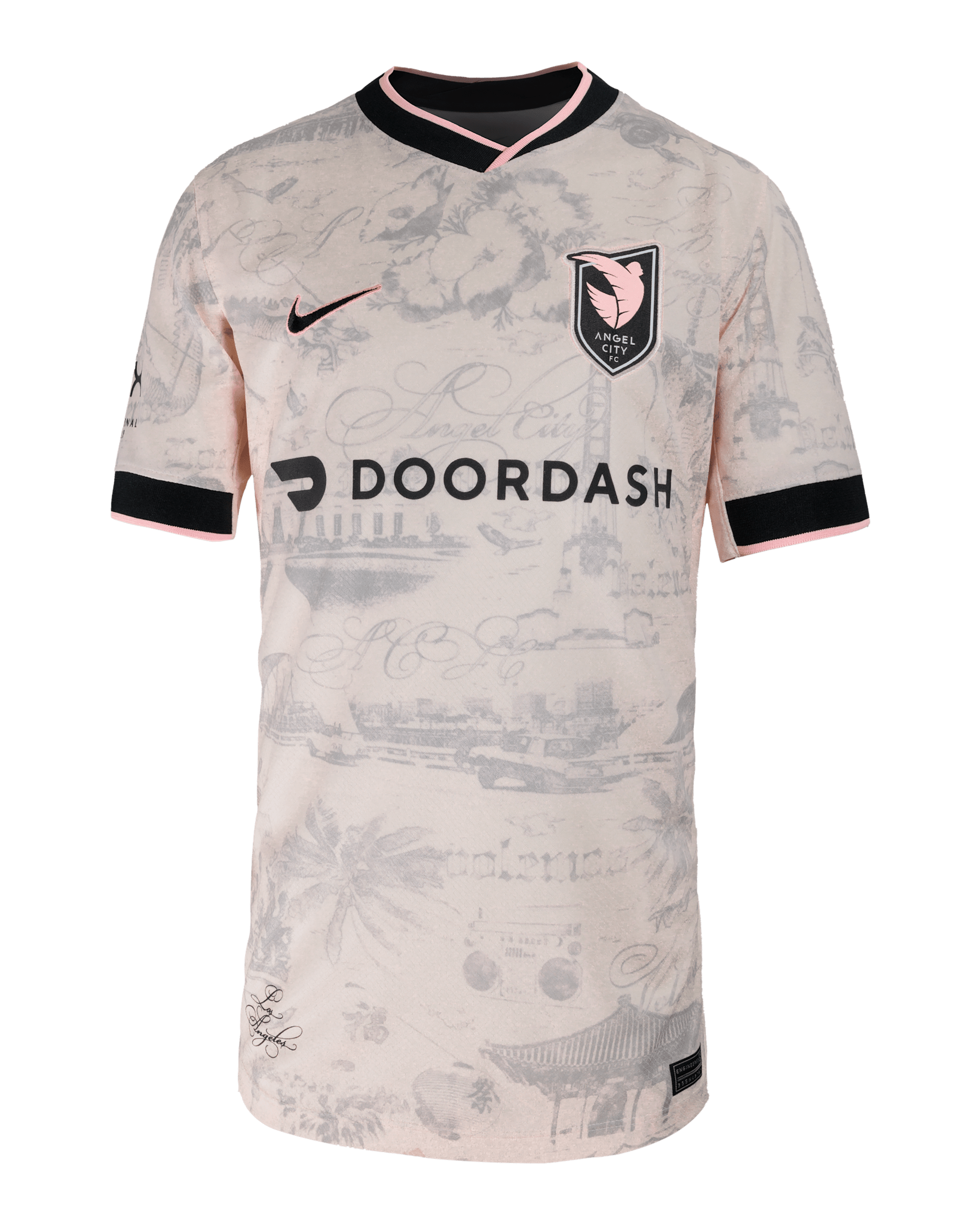 Jersey Nike Dri-FIT de la NWSL tipo réplica para niños talla grande Christen Press Angel City FC visitante 2025 Stadium - Rosa suave claro/Gris atmósfera