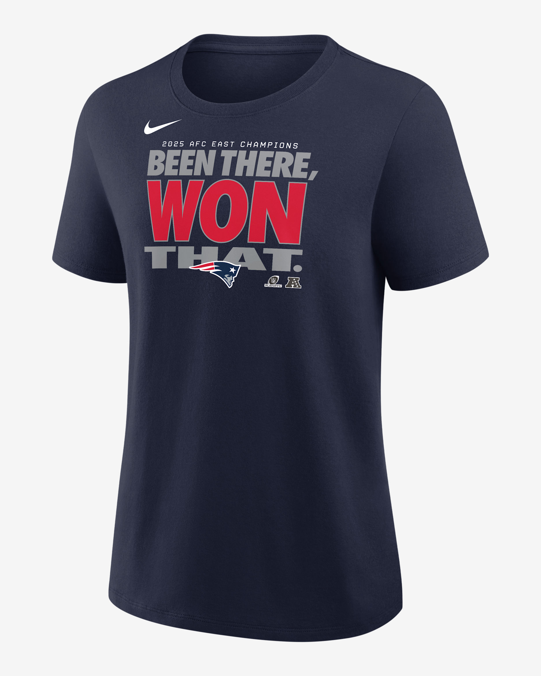 Playera Nike de la NFL para mujer New England Patriots 2025 AFC East Champions Trophy - Azul marino/Rojo/Gris/Blanco