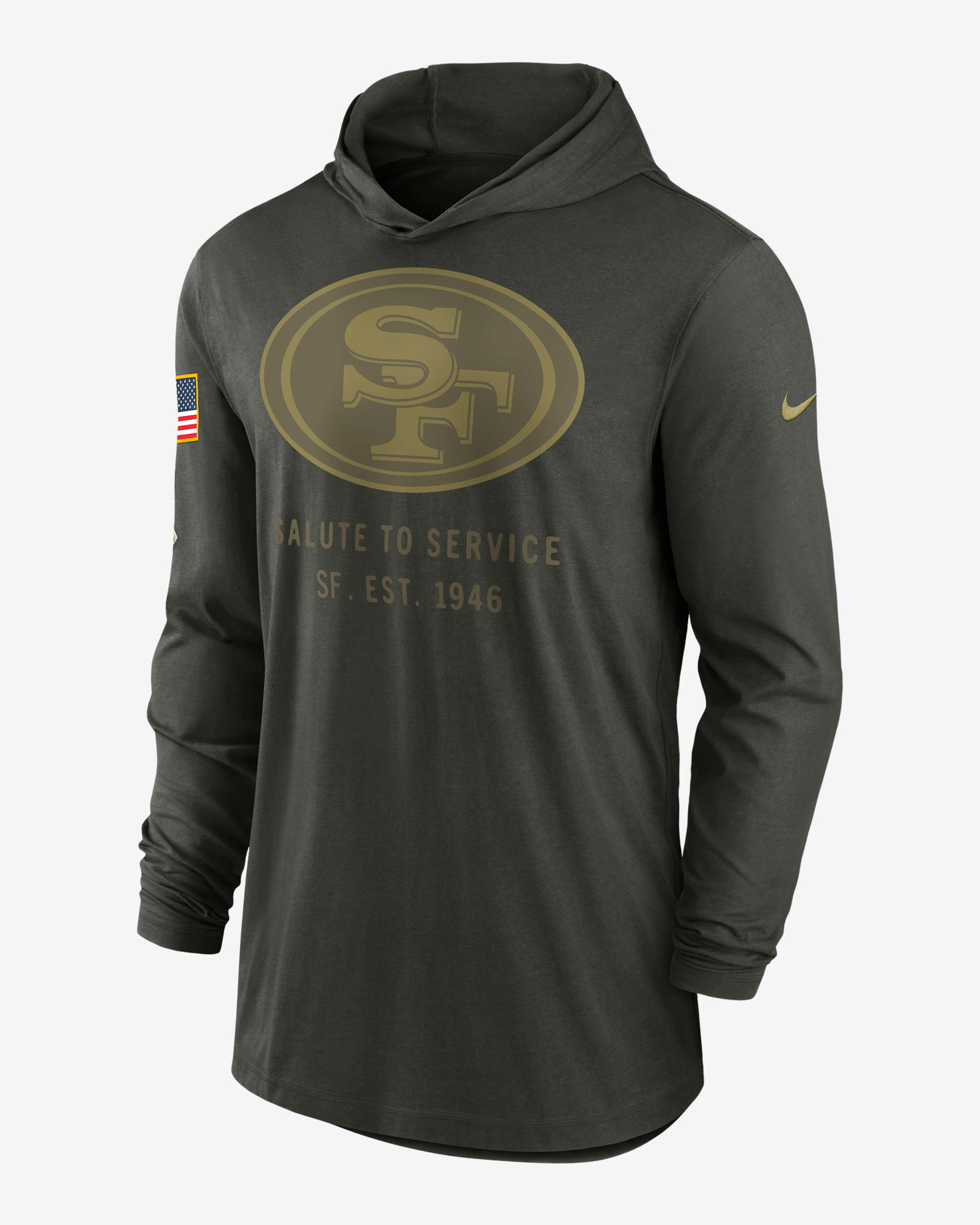 San Francisco 49ers Salute to Service Sideline Men’s Nike Dri-FIT NFL Long-Sleeve Hooded Top - Sequoia
