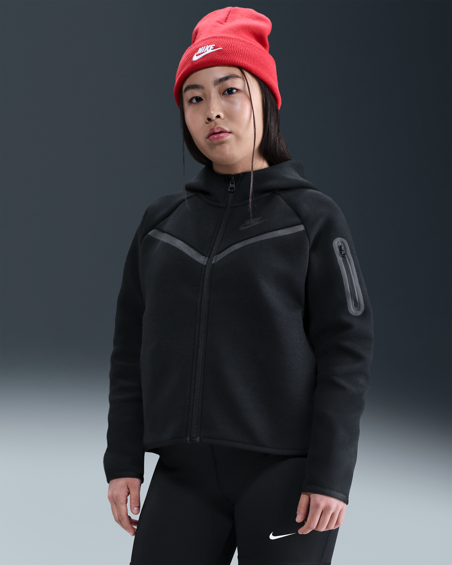 Nike Sportswear Tech Fleece Girls' Full-Zip Hoodie (Extended Size) - Black/Black/Black/Black