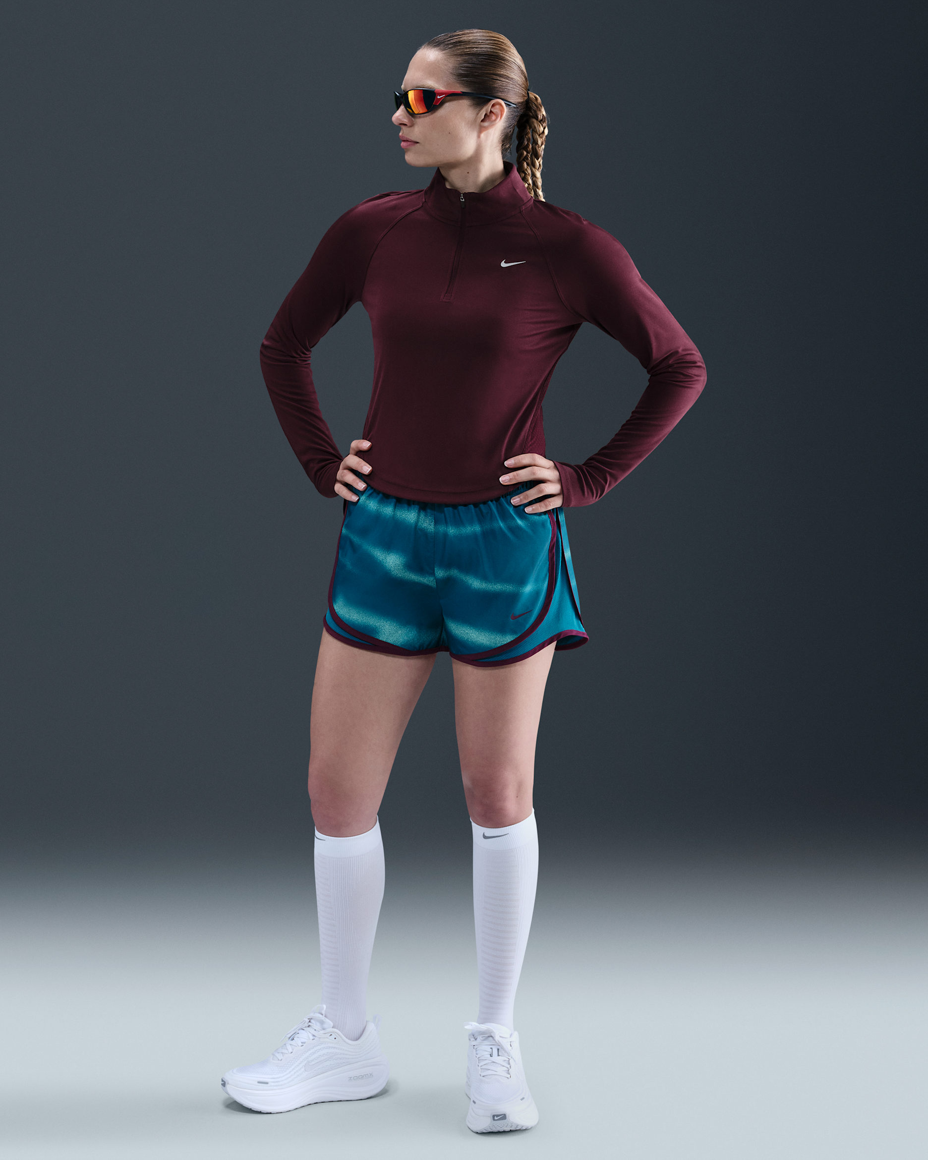 Nike Tempo Women's Dri-FIT Mid-Rise Brief-Lined Running Shorts - Green Abyss/Bleached Turquoise/Bordeaux