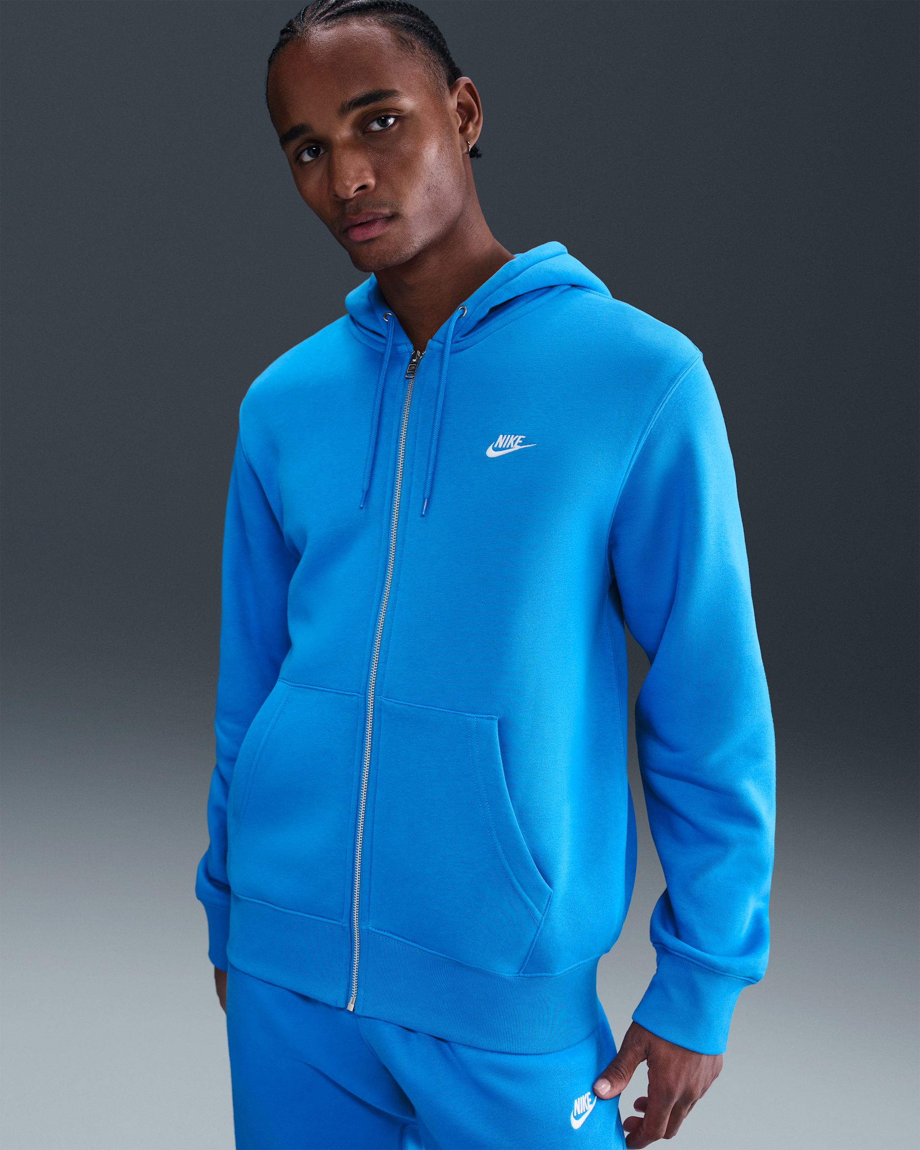 Nike Club Men's Full-Zip Fleece Hoodie - Light Photo Blue/Light Photo Blue/White