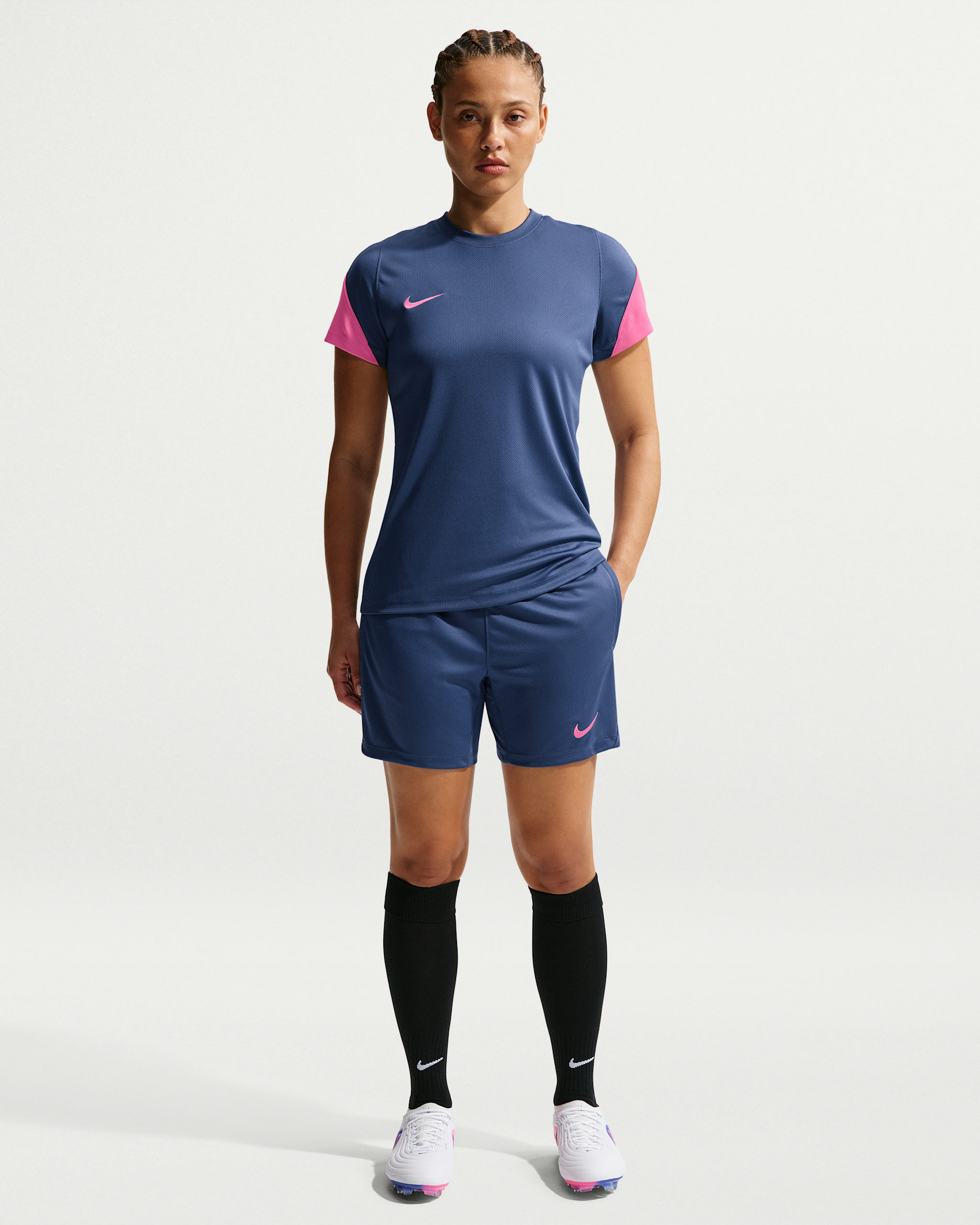 Shorts de fútbol de tejido Knit Dri-FIT para mujer Nike Strike - Azul marino místico/Blanco/Rosa paleta/Rosa paleta
