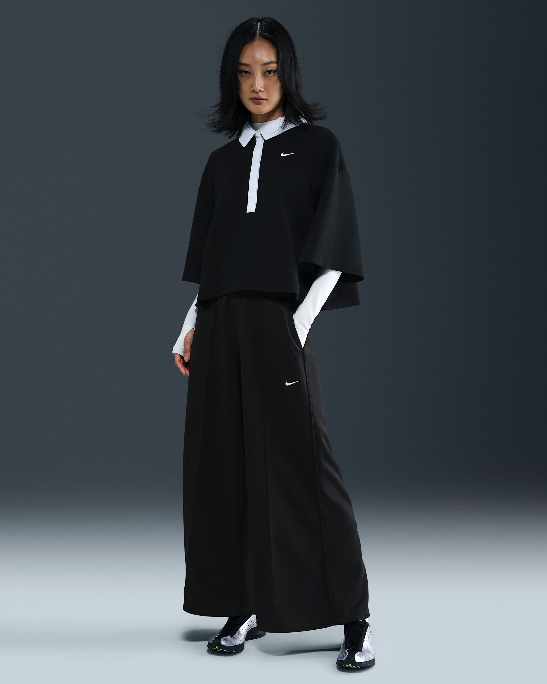 Nike Sportswear Women's Mid-Rise Wide-Leg Tracksuit Bottoms - Black/Black/Sail