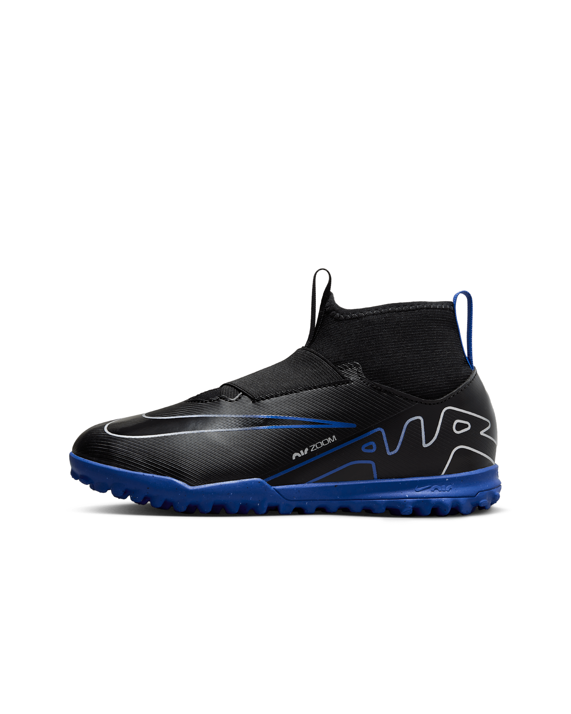 Nike Jr. Mercurial Superfly 9 Academy Little/Big Kids' Turf High-Top Soccer Shoes - Black/Hyper Royal/Chrome