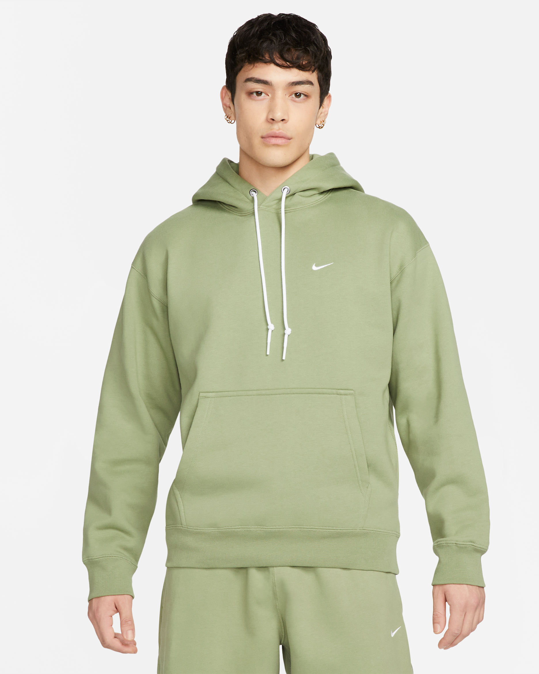 Nike Solo Swoosh Men's Fleece Pullover Hoodie - Oil Green/White