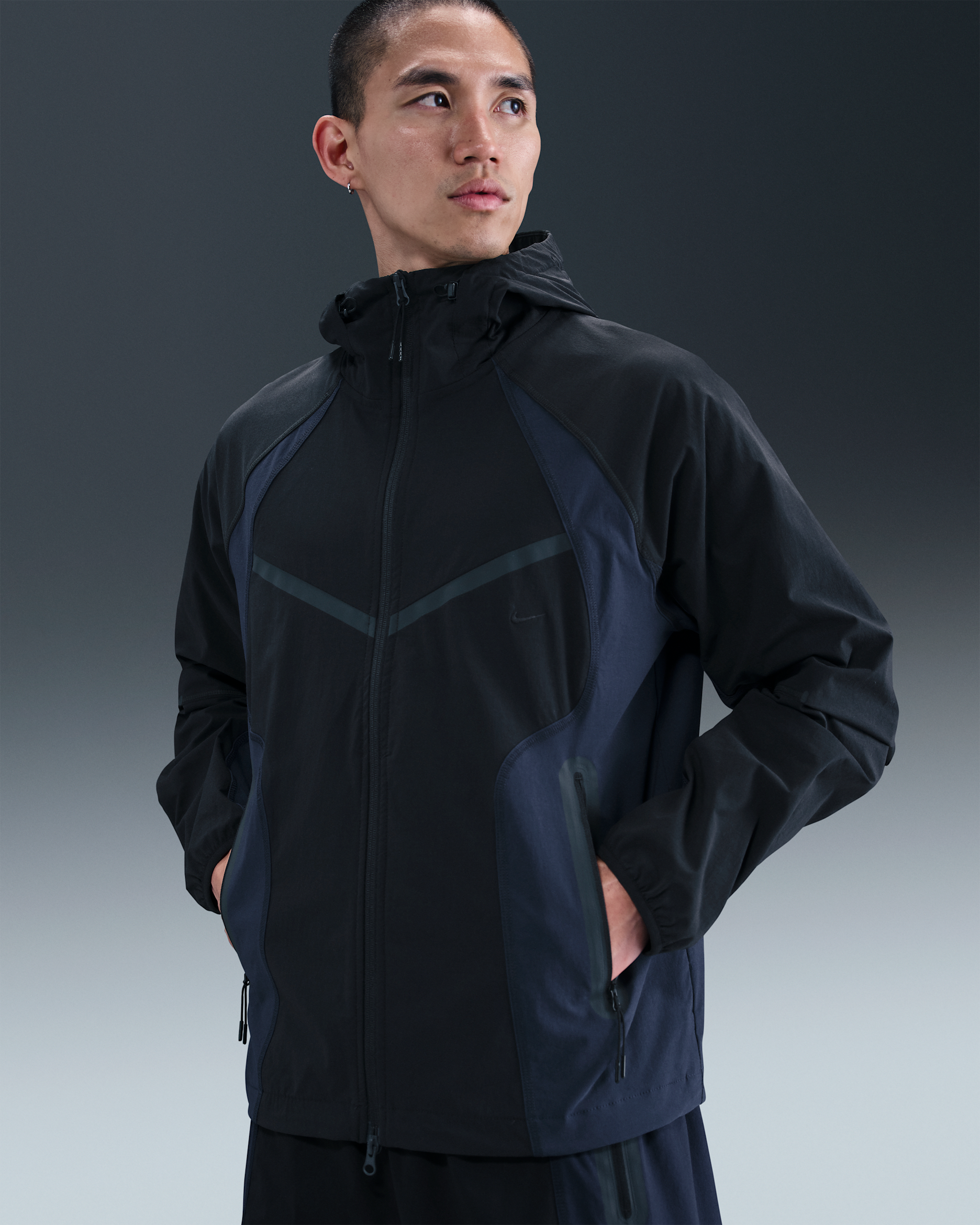 Nike Tech Men's Dri-FIT Woven Colour-Block Loose Oversized Jacket - Black/Obsidian/Black