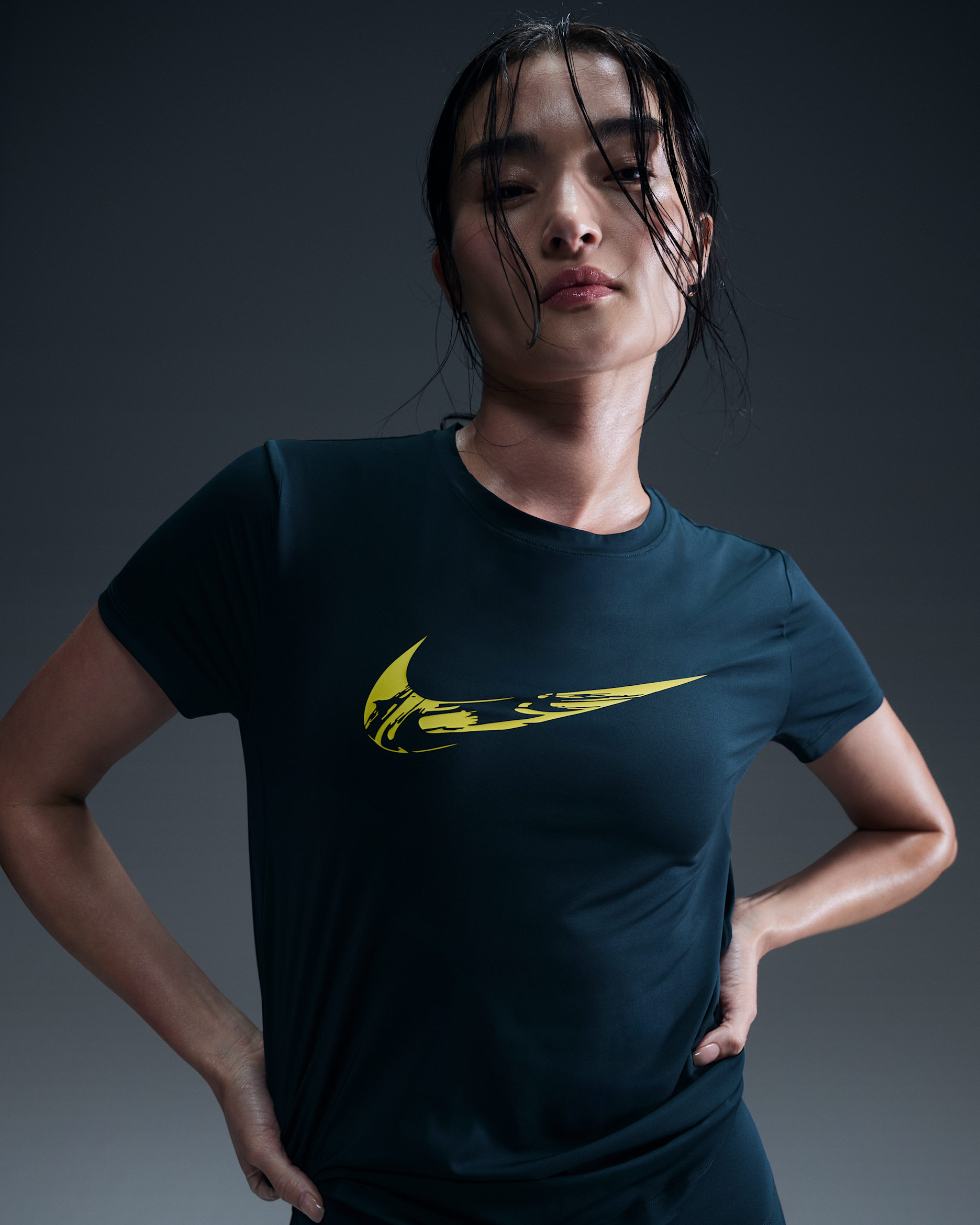 Nike One Women's Dri-FIT Short-Sleeve Graphic Running Top - Armory Navy/Bright Cactus