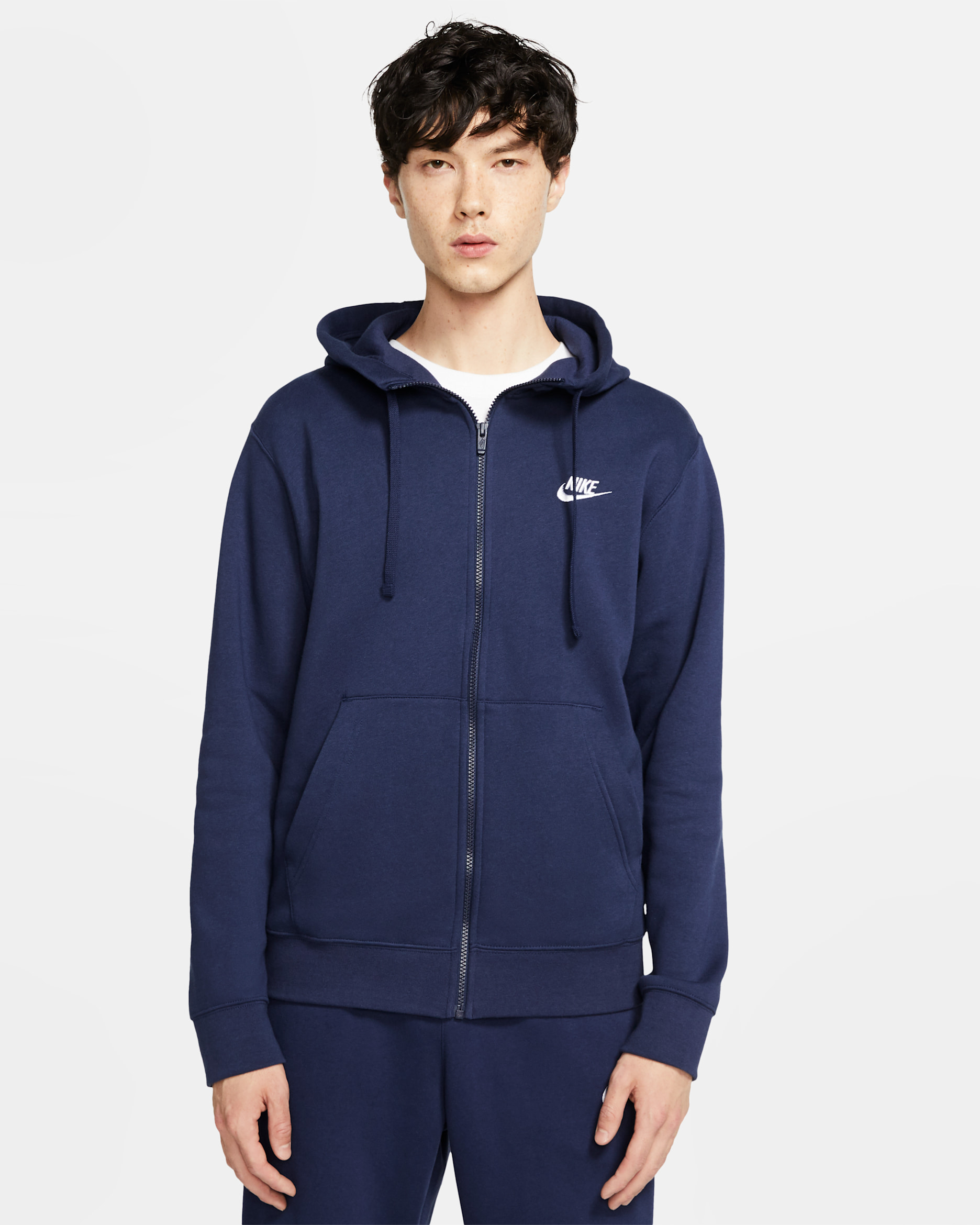 Męska bluza z kapturem i zamkiem na całej długości Nike Sportswear Club Fleece - Midnight Navy/Midnight Navy/Biel