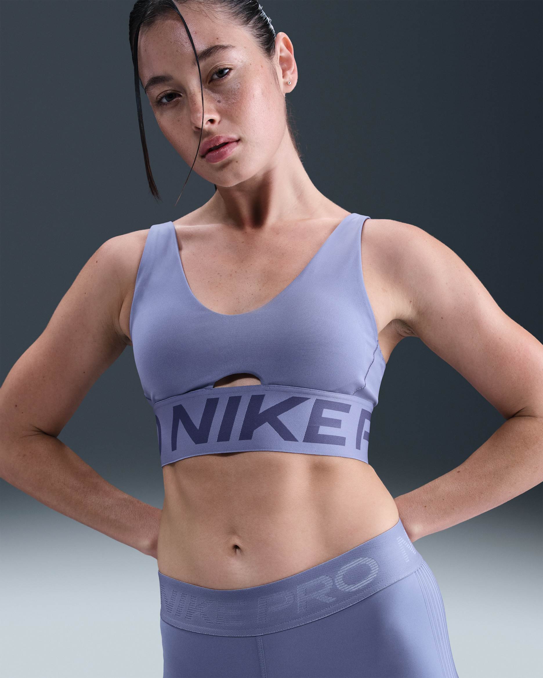Nike Pro Indy Plunge Women's Medium-Support Padded Sports Bra - World Indigo/Sanded Purple/White