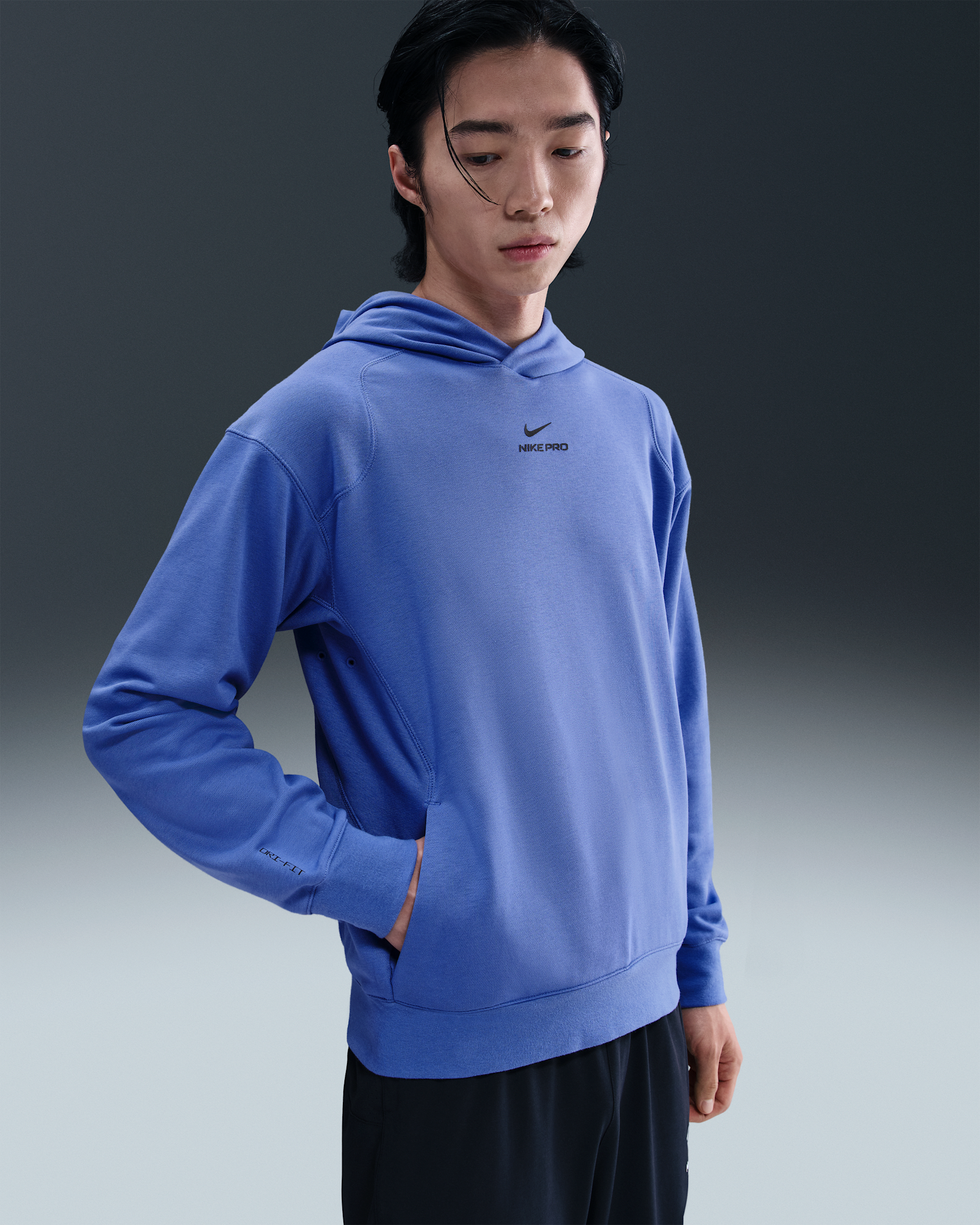 เสื้อเทรนนิ่งมีฮู้ดมิดเลเยอร์ผู้ชาย Dri-FIT Nike Pro - Comet Blue/ดำ