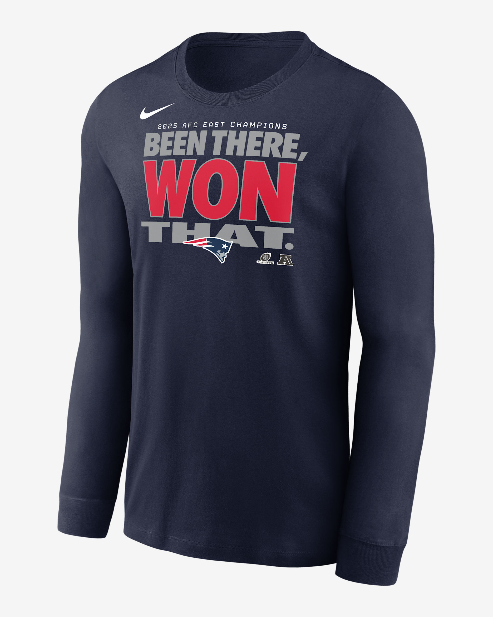 Playera de manga larga Nike de la NFL para hombre New England Patriots 2025 AFC East Champions Trophy Collection - Azul marino