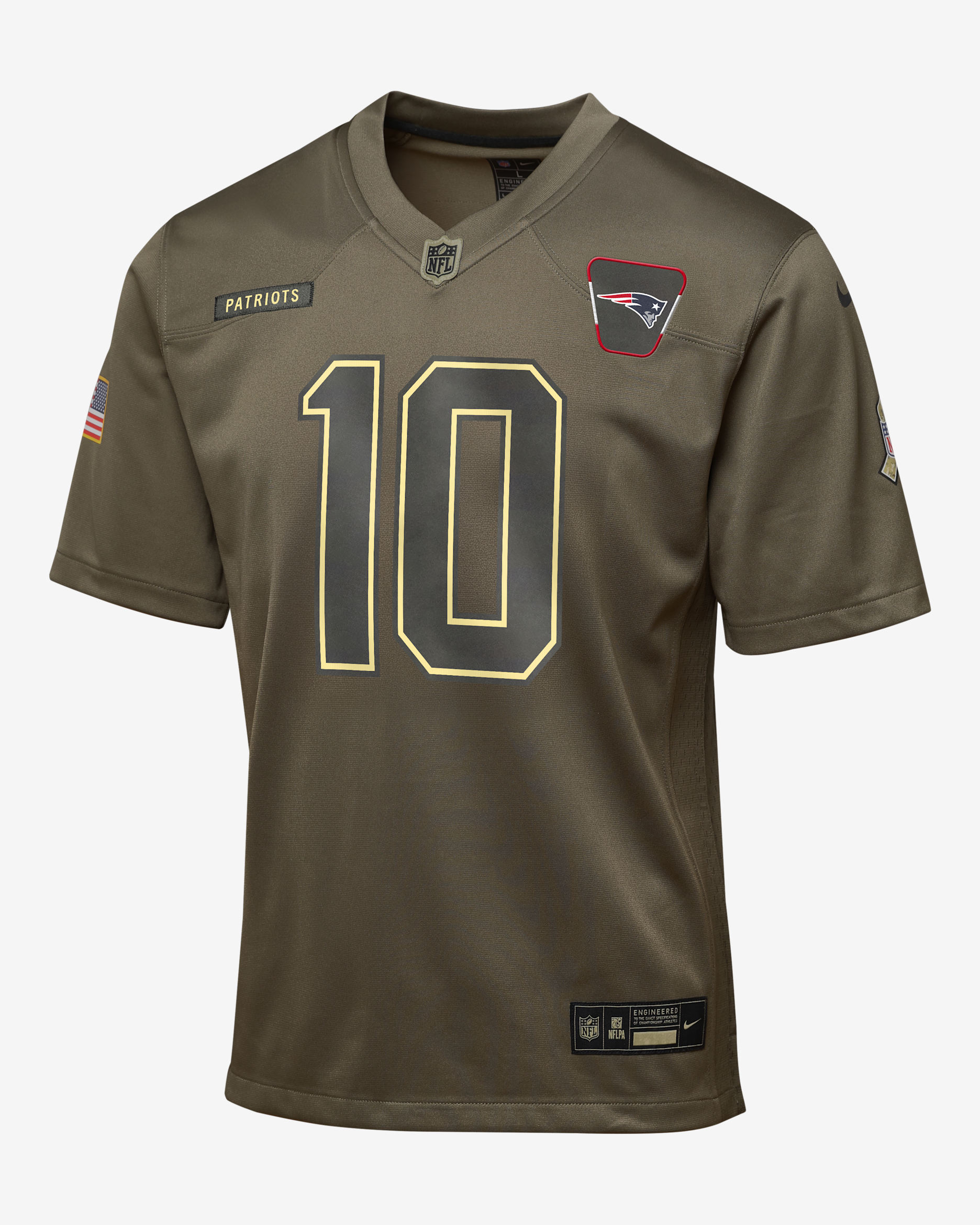 Jersey para niños talla grande Nike de la NFL Game de Drake Maye de los New England Patriots Salute to Service - Oliva