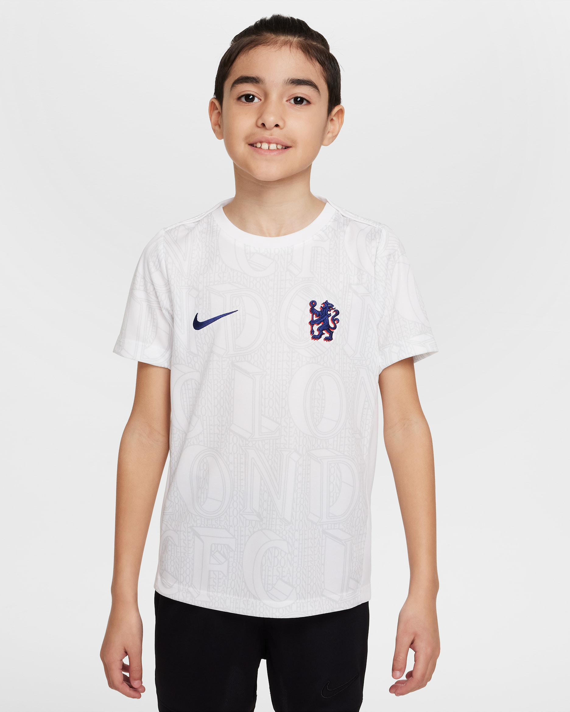 Předzápasové fotbalové tričko Nike Dri-FIT Chelsea FC Academy Pro pro větší děti - Bílá/Pure Platinum/Rush Blue