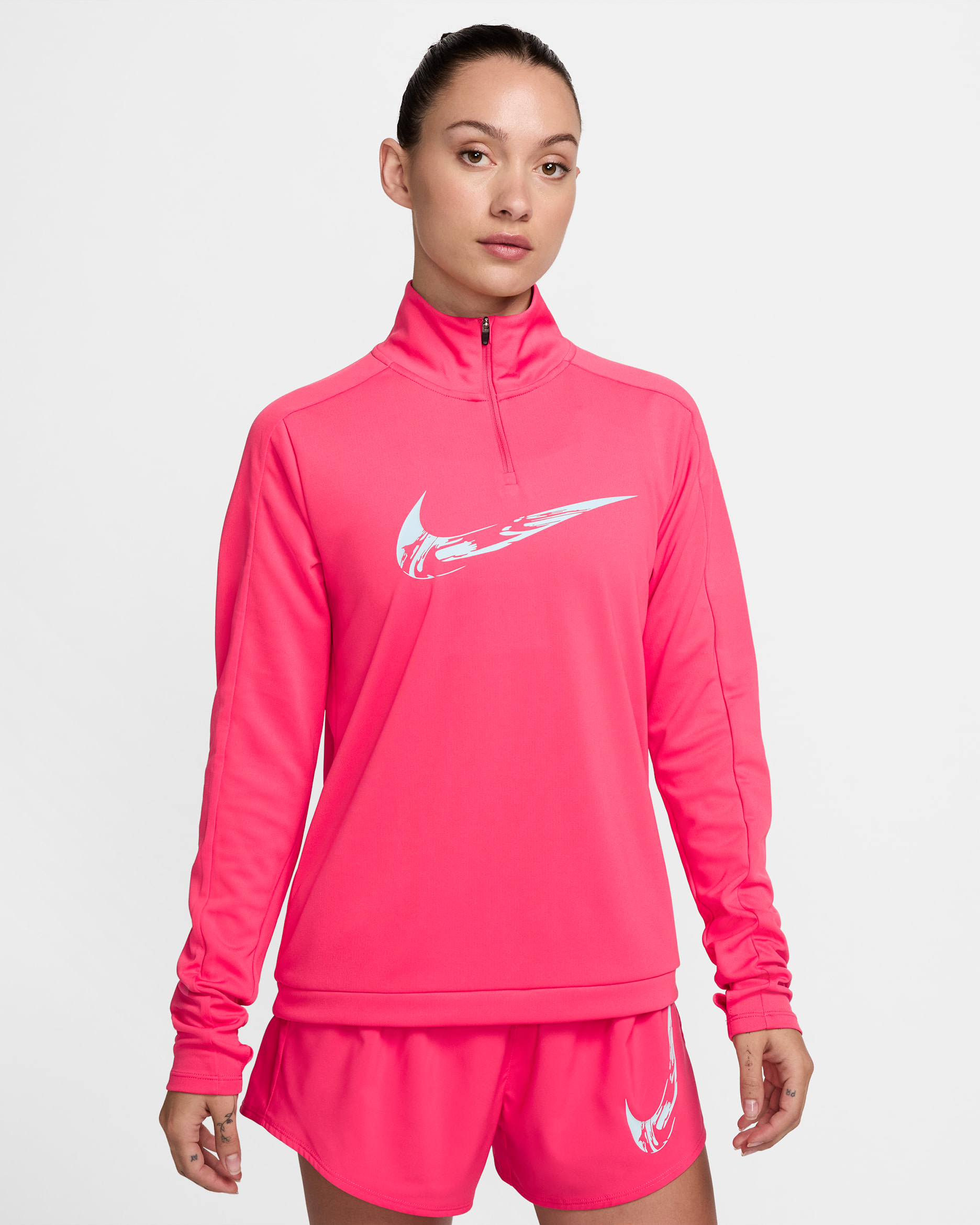 Capa intermedia de correr Dri-FIT con cierre de 1/4 para mujer Nike Swoosh - Rosa margarita/Azul glacial