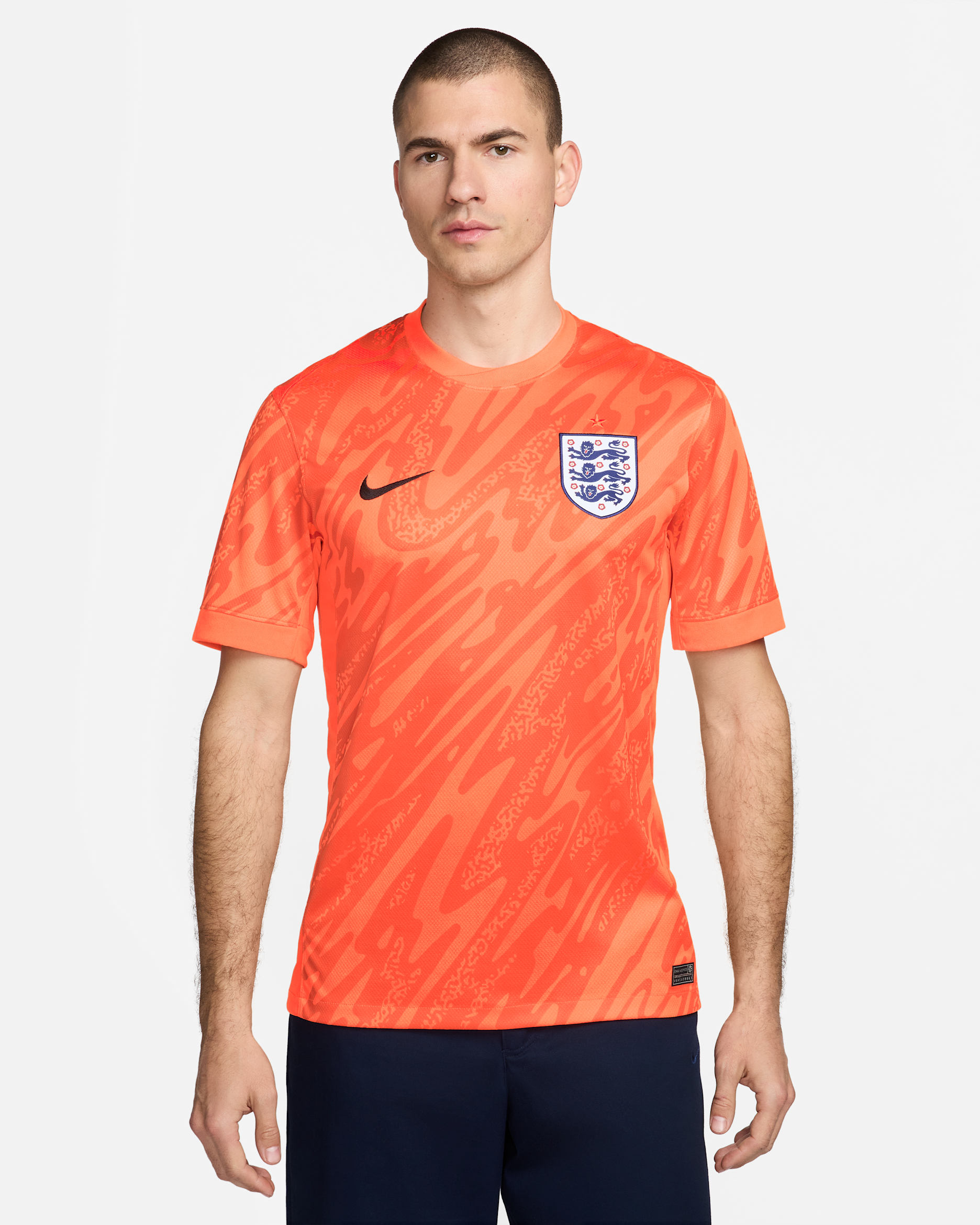 England (Men's Team) 2024/25 Stadium Goalkeeper Men's Nike Dri-FIT Soccer Replica Short-Sleeve Jersey - Total Orange/Safety Orange/Black