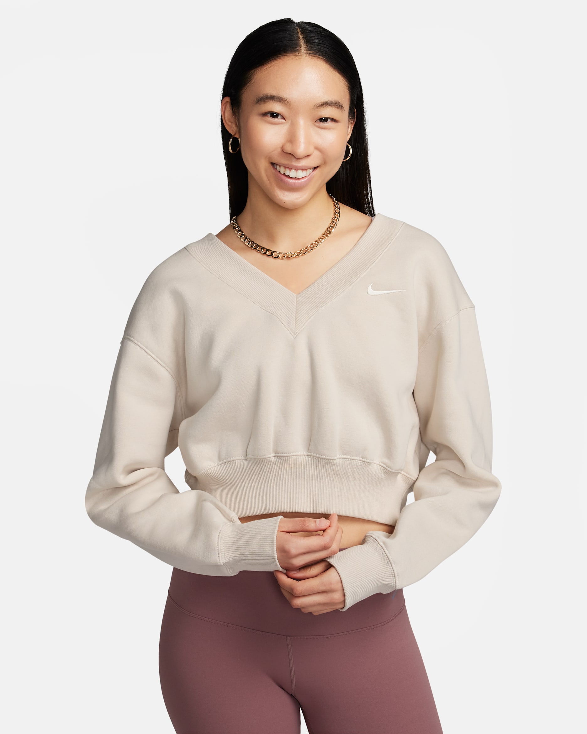 Sudadera cropped de cuello en V para mujer Nike Sportswear Phoenix Fleece - Marrón verdoso claro/Vela