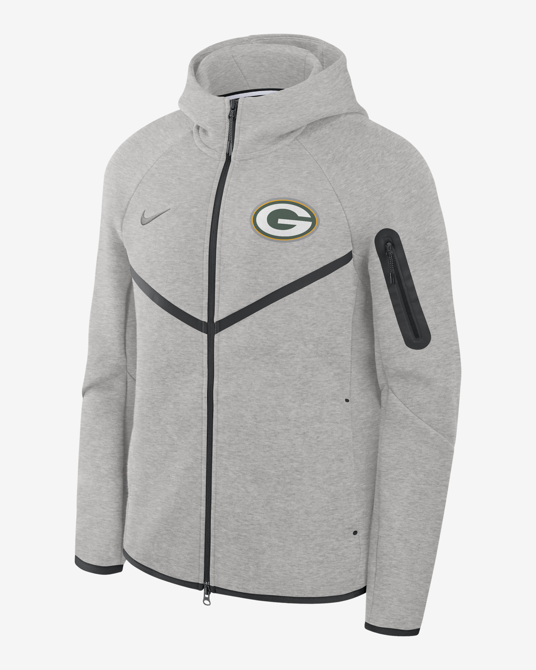 Chamarra con gorro de cierre completo Nike Tech Fleece Windrunner de la NFL para hombre de los Green Bay Packers - Gris jaspeado/Negro/Gris
