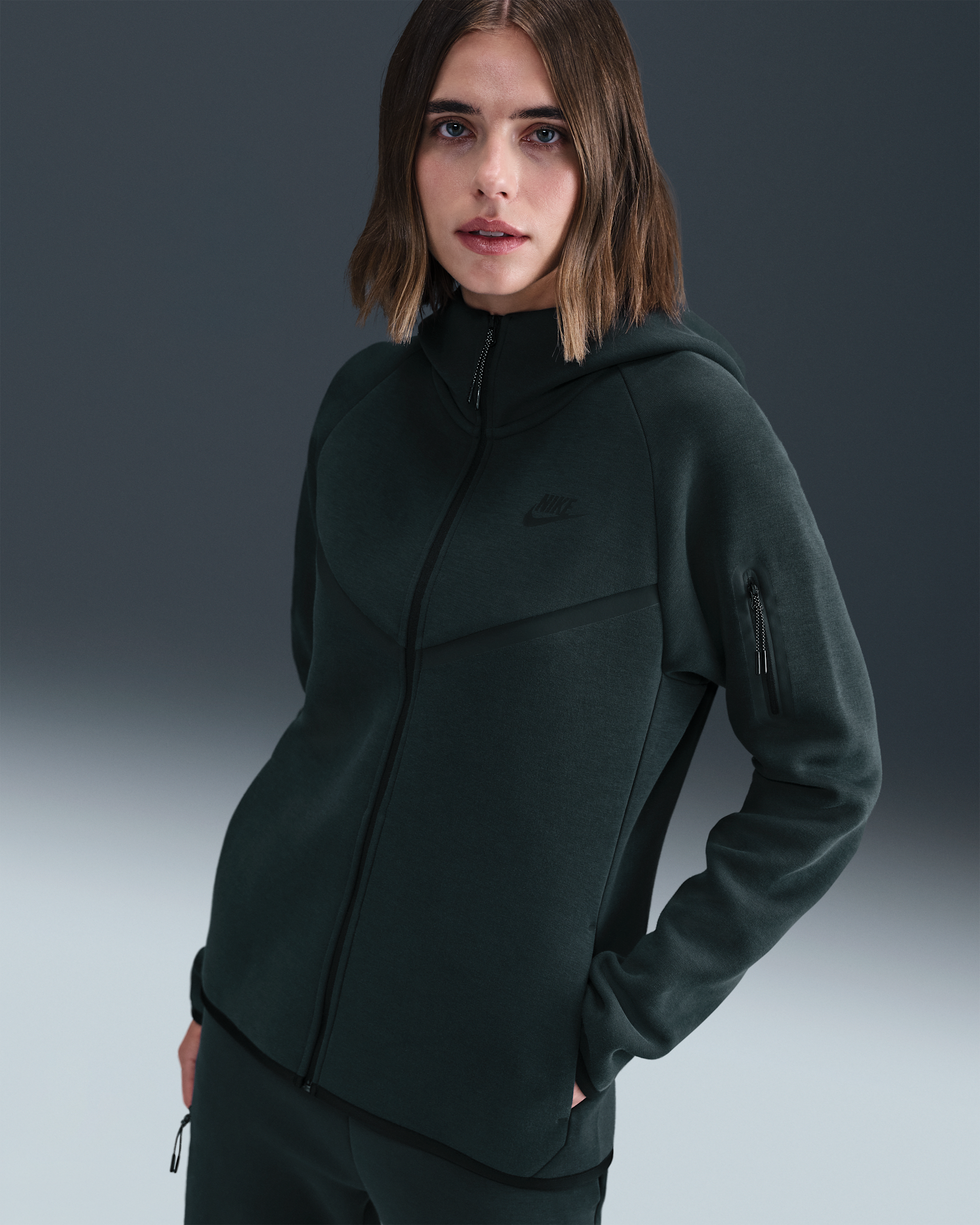 Nike Sportswear Tech Fleece Windrunner Tam Boy Fermuarlı Kadın Kapüşonlu Üst - Seaweed/Siyah