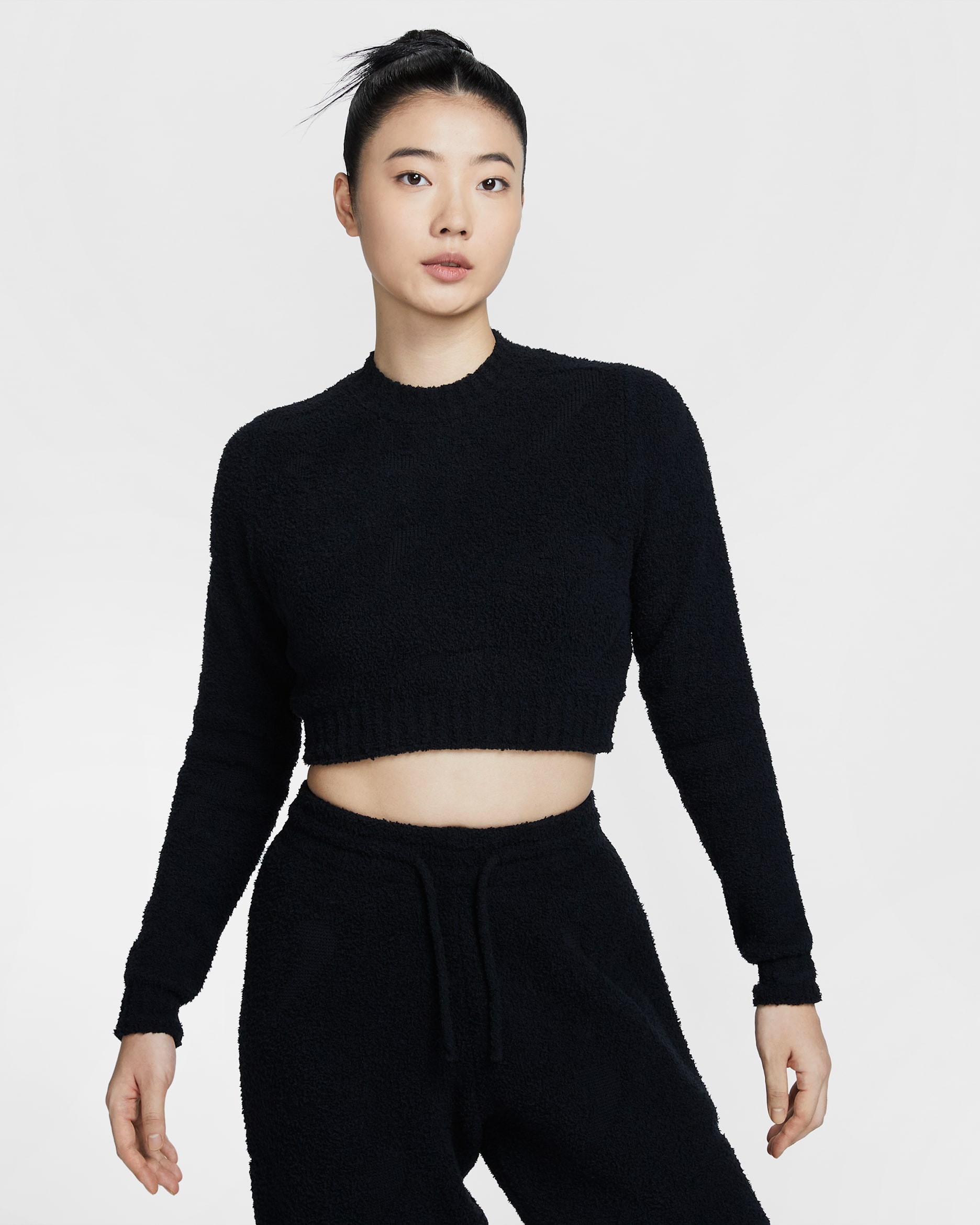 나이키 스포츠웨어 피닉스 코지 부클레 여성 타이트 긴팔 니트 탑 - 블랙