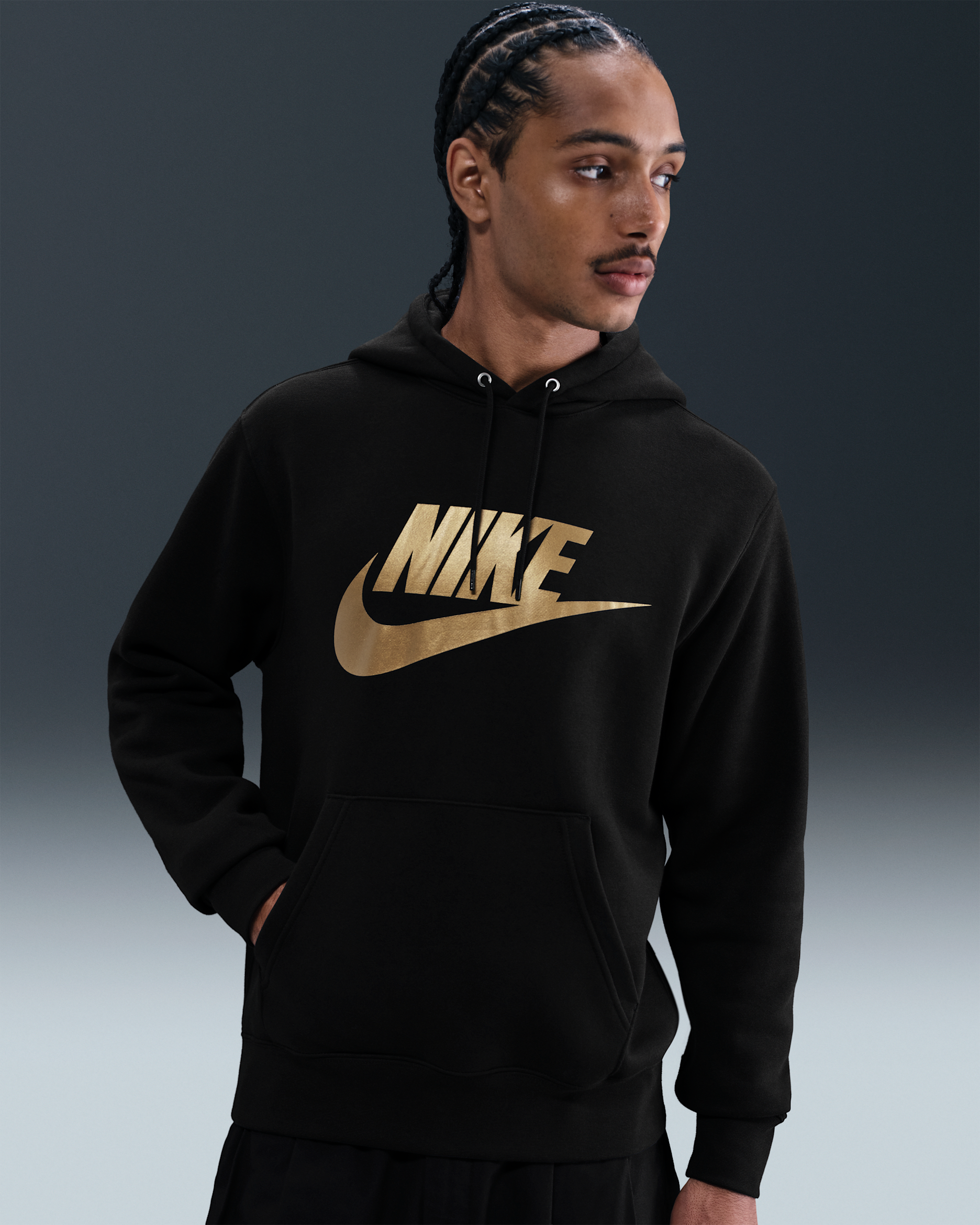 Nike Sportswear Club Men's Fleece Pullover Hoodie - Black/Black/Metallic Gold