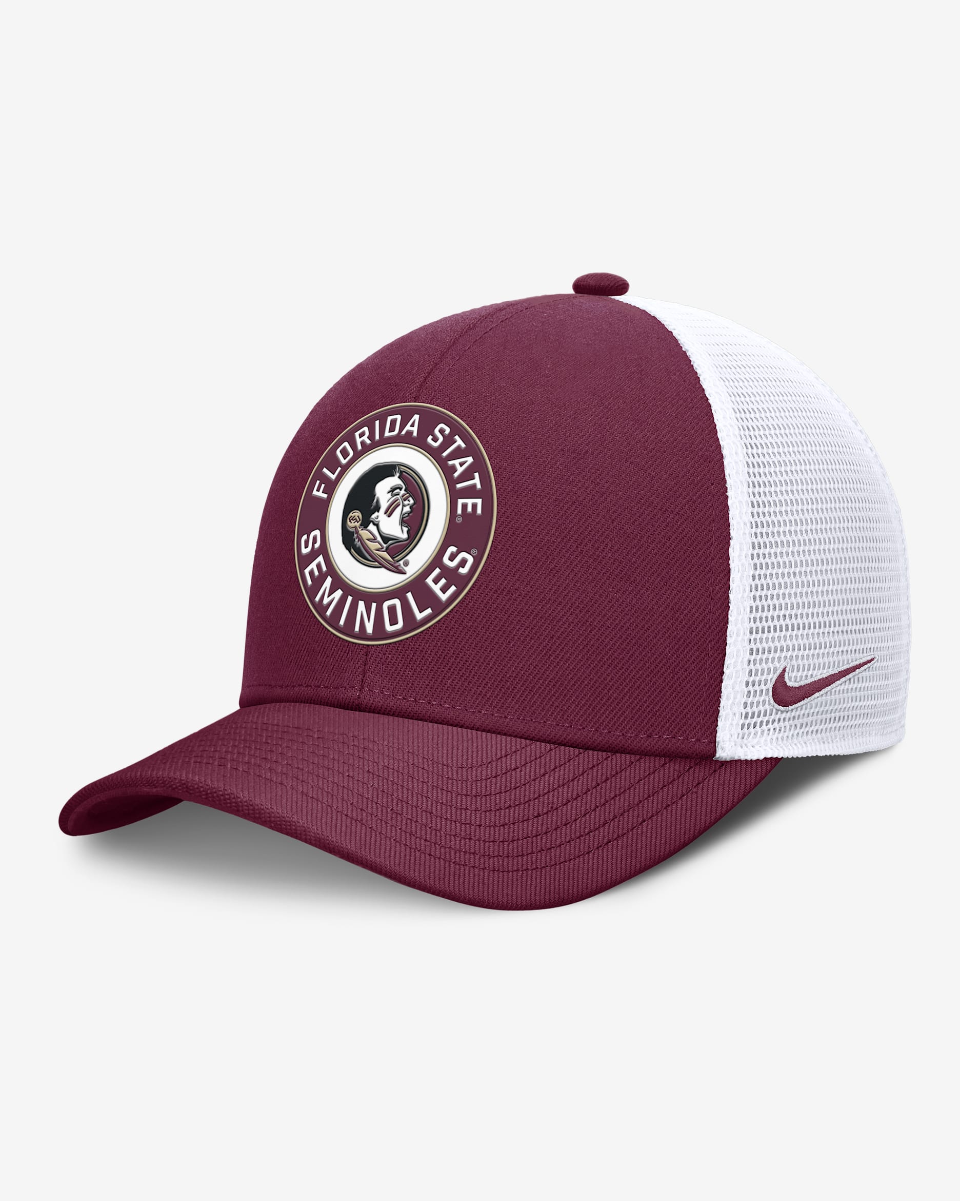 Florida State Primetime Rise Men's Nike Dri-FIT College Trucker Adjustable Hat - Garnet