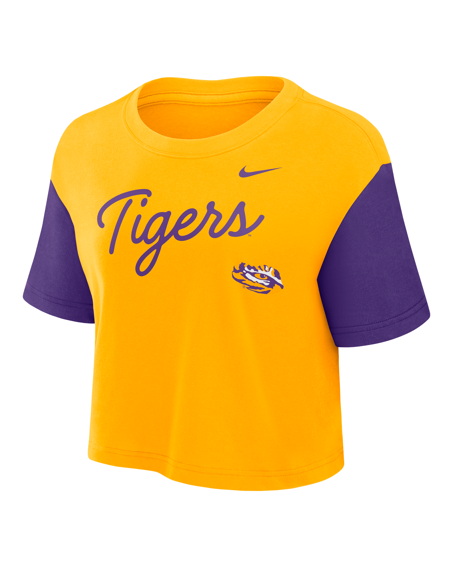 LSU Script Women's Nike Dri-FIT College Cropped T-Shirt - Gold
