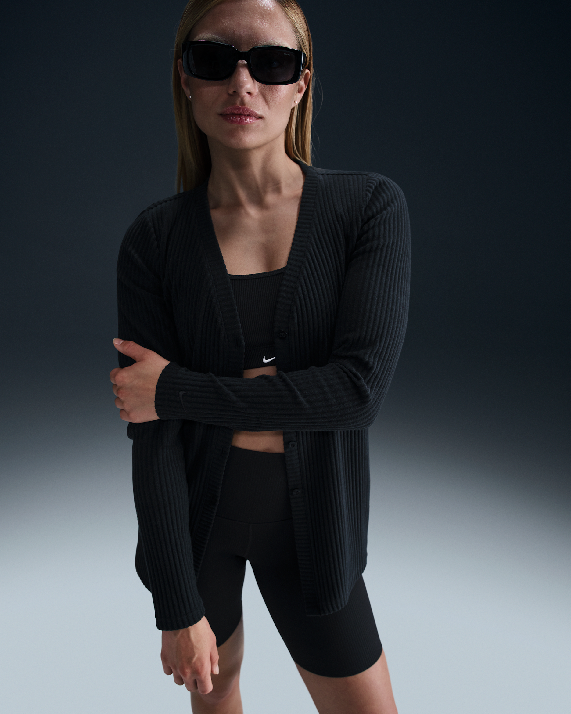 Cárdigan de tela de canalé entallado para mujer Nike Sportswear Chill Knit - Negro/Negro