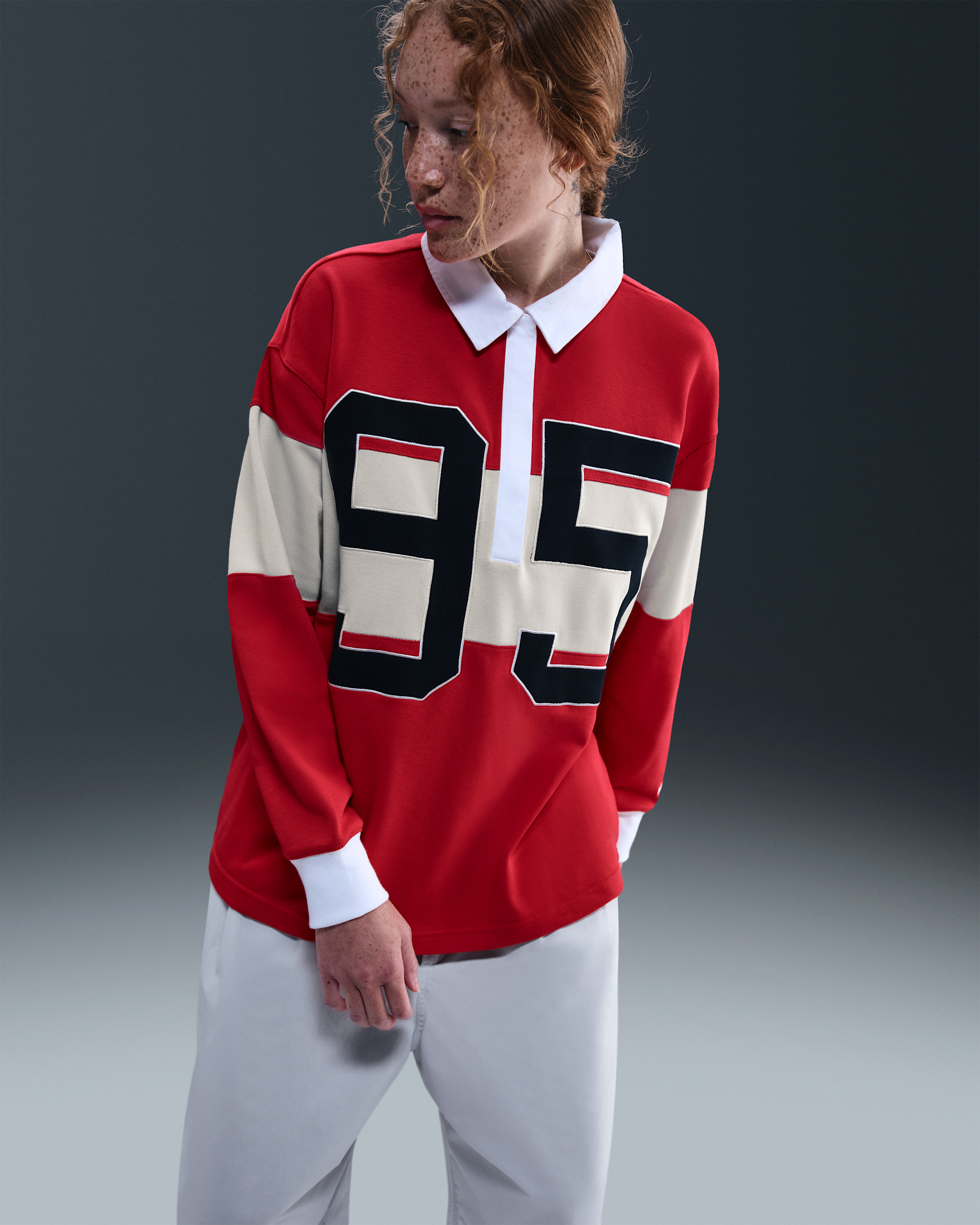 Nike Sportswear Women's Long-Sleeve Graphic Polo Top - University Red/Light Orewood Brown/White/Sail