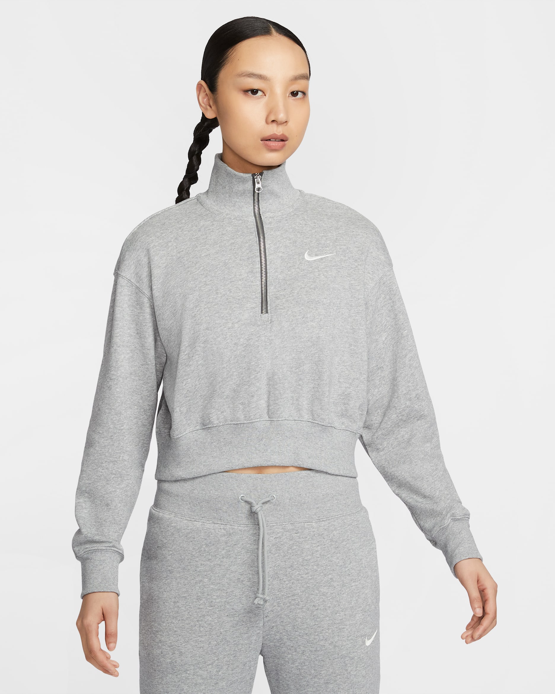Nike Sportswear Phoenix Fleece Women's 1/4-Zip Cropped French Terry Sweatshirt - Dark Grey Heather/Sail
