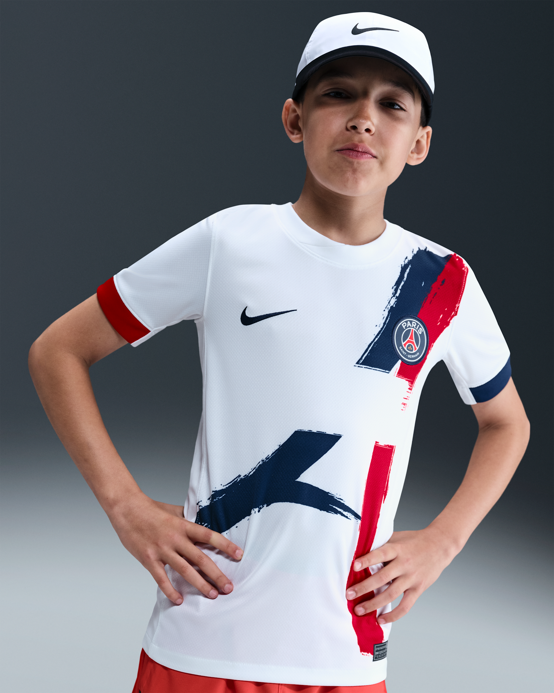 Paris Saint-Germain 2024/25 Stadium Away Older Kids' Nike Dri-FIT Football Replica Shirt - White/University Red/Midnight Navy/Midnight Navy
