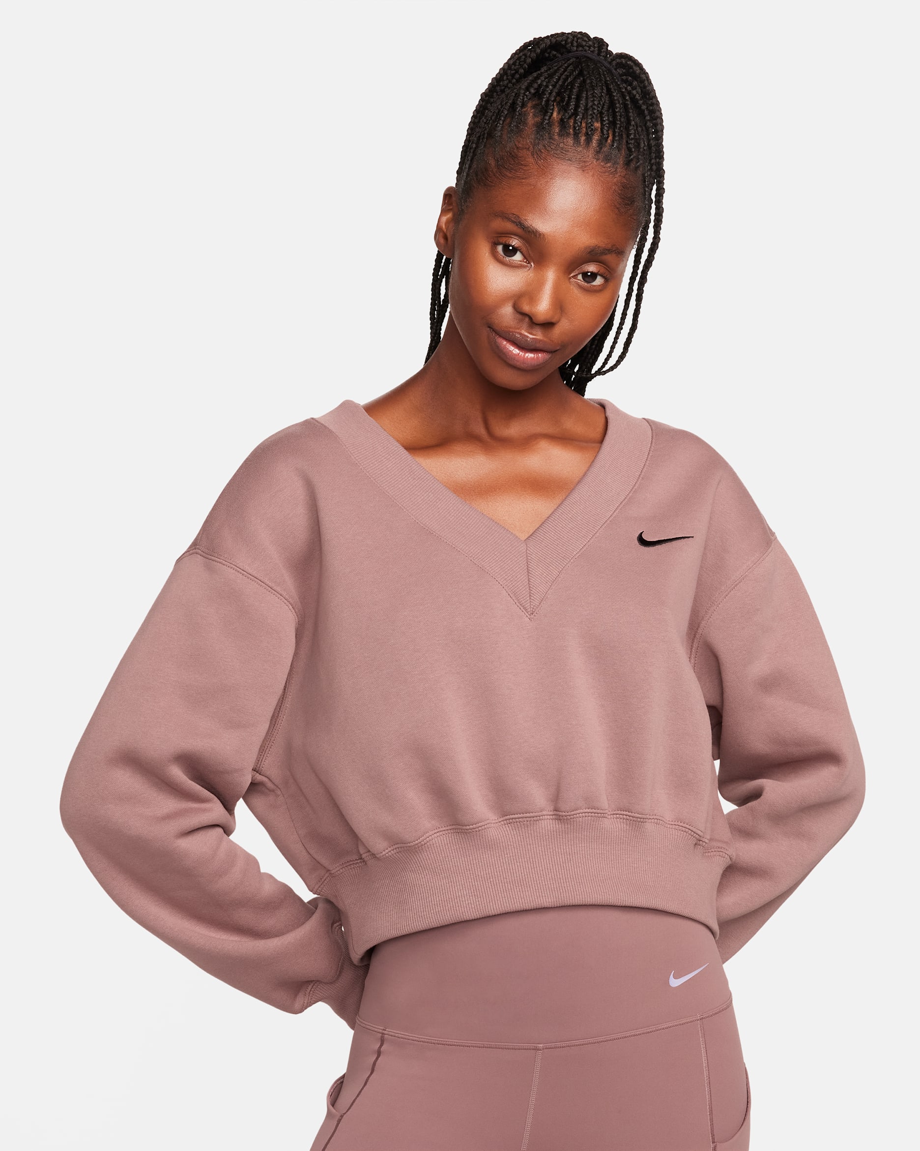 Sudadera cropped de cuello en V para mujer Nike Sportswear Phoenix Fleece - Malva humeante/Negro