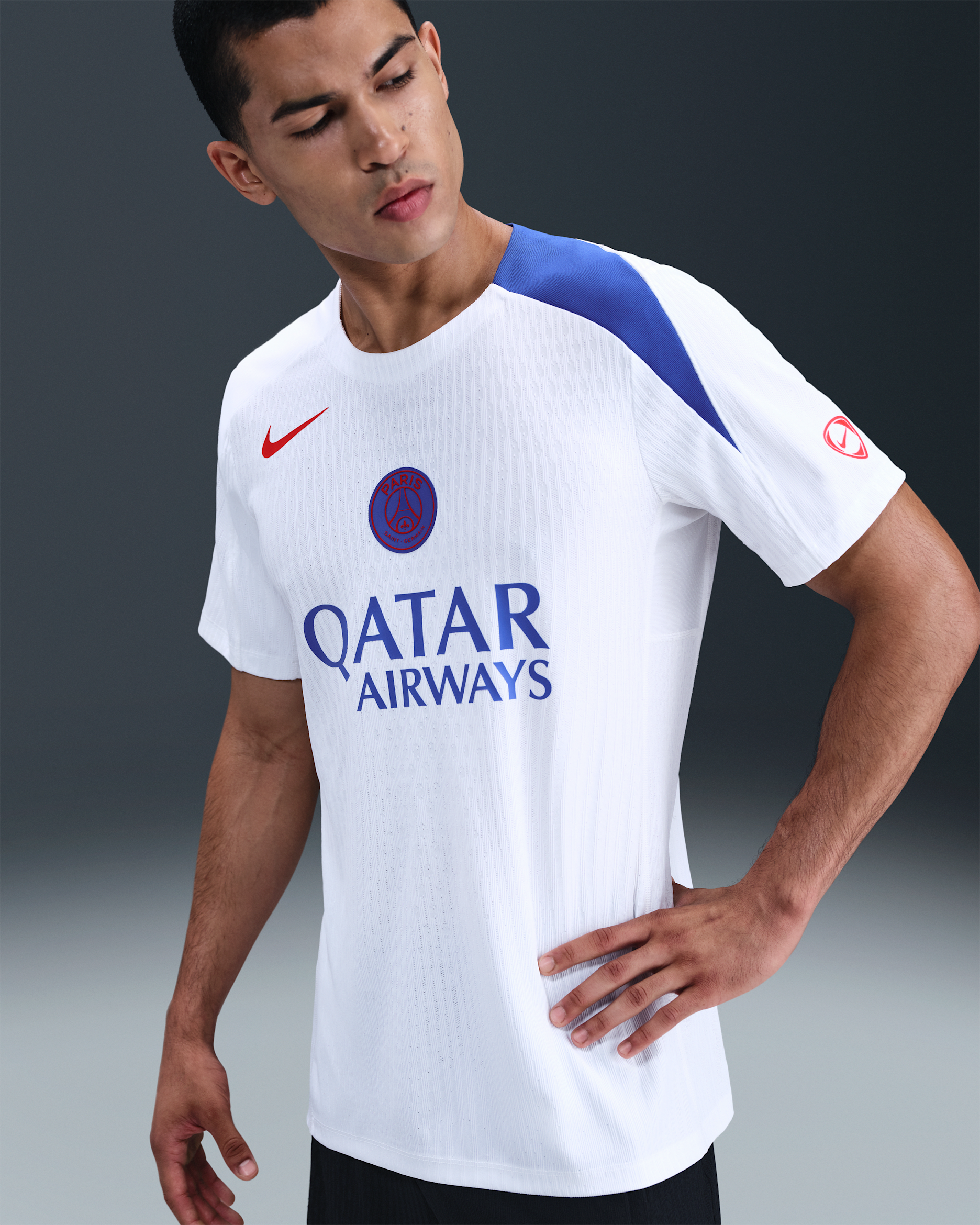 Tercera equipació Strike Elite París Saint-Germain Part superior de futbol de màniga curta Nike Dri-FIT ADV Total 90 - Home - Blanc/Hyper Royal/Global Red
