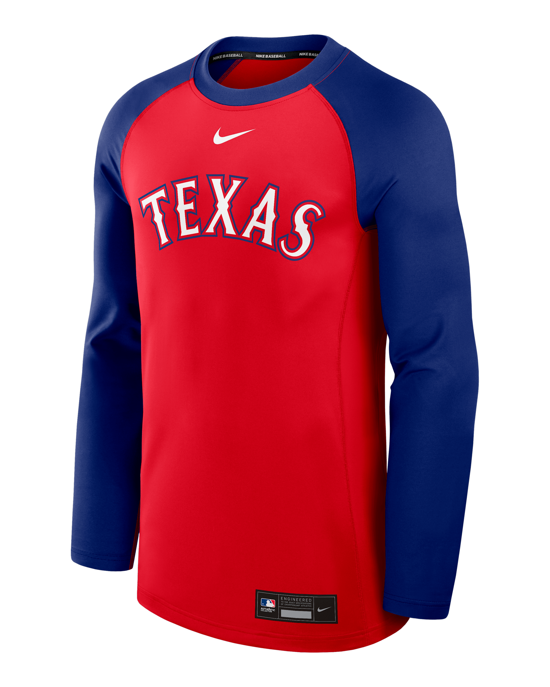 Sudadera de cuello redondo sin cierre Nike Dri-FIT de la MLB para hombre Texas Rangers Authentic Collection Game Time - Rojo