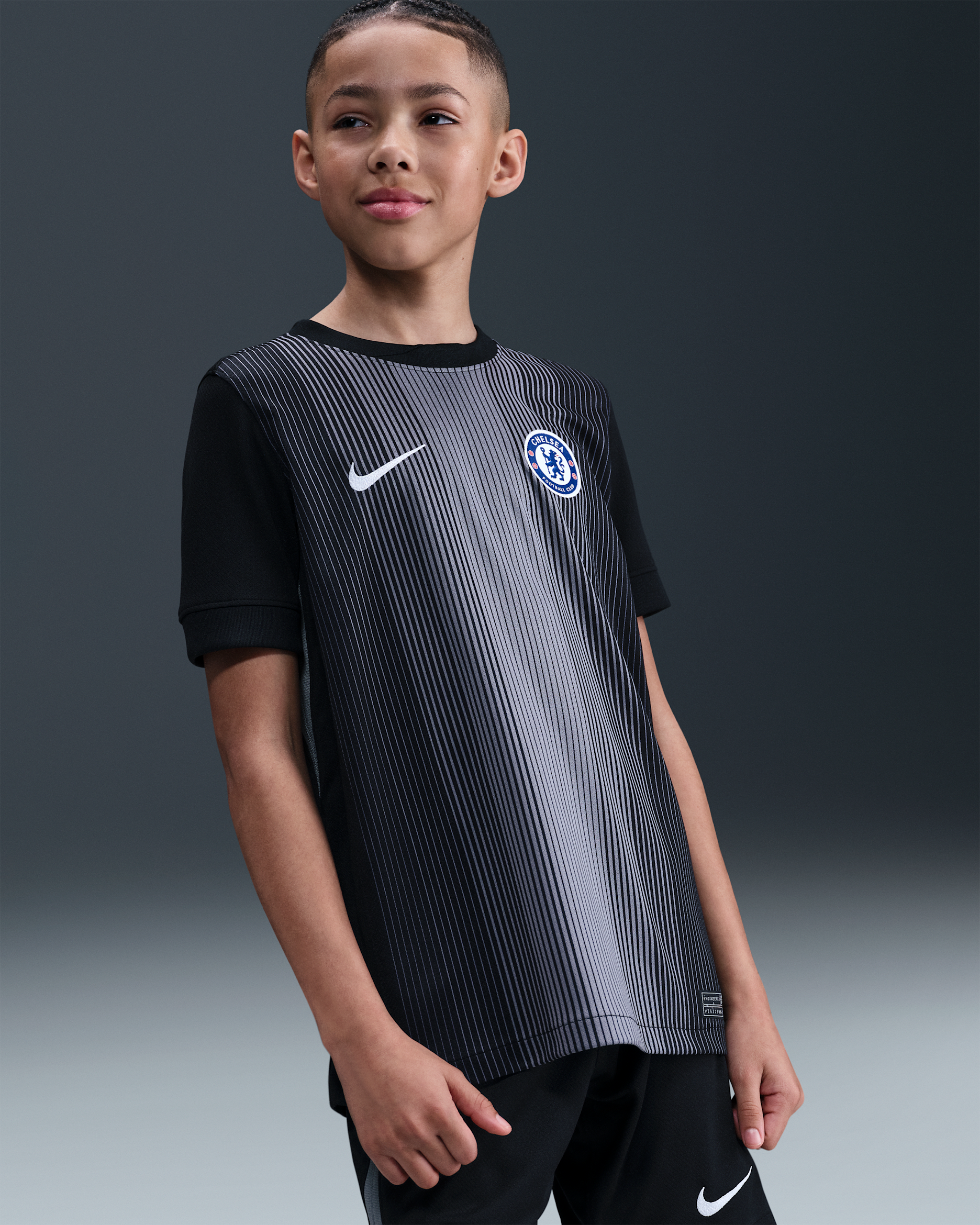 FC Chelsea 2025/26 Stadium Goalkeeper Nike Dri-FIT kurzärmliges Replika-Fußballtrikot (ältere Kinder) - Schwarz/Smoke Grey/Weiß
