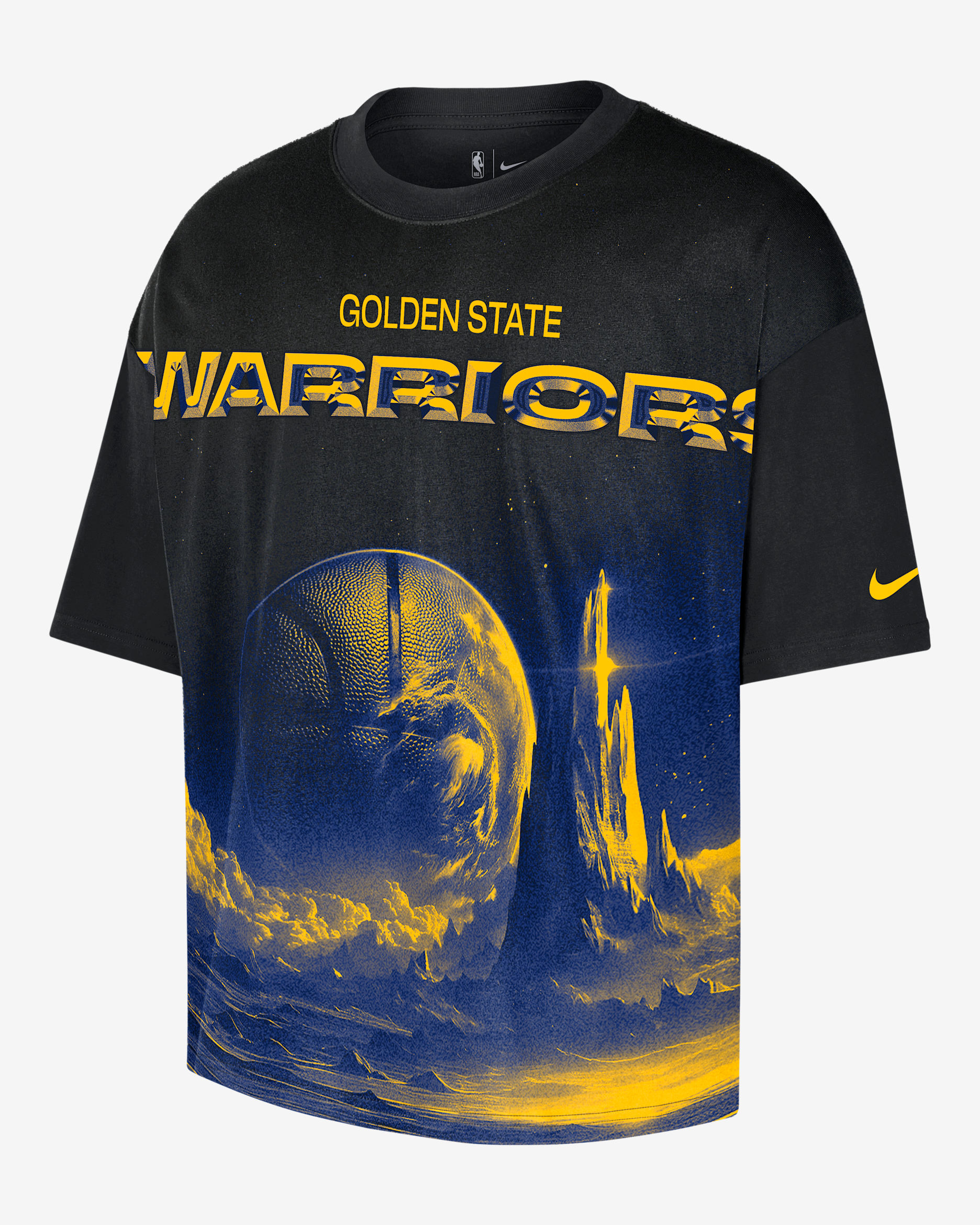 Golden State Warriors Courtside Nike NBA boxy T-shirt voor heren - Zwart