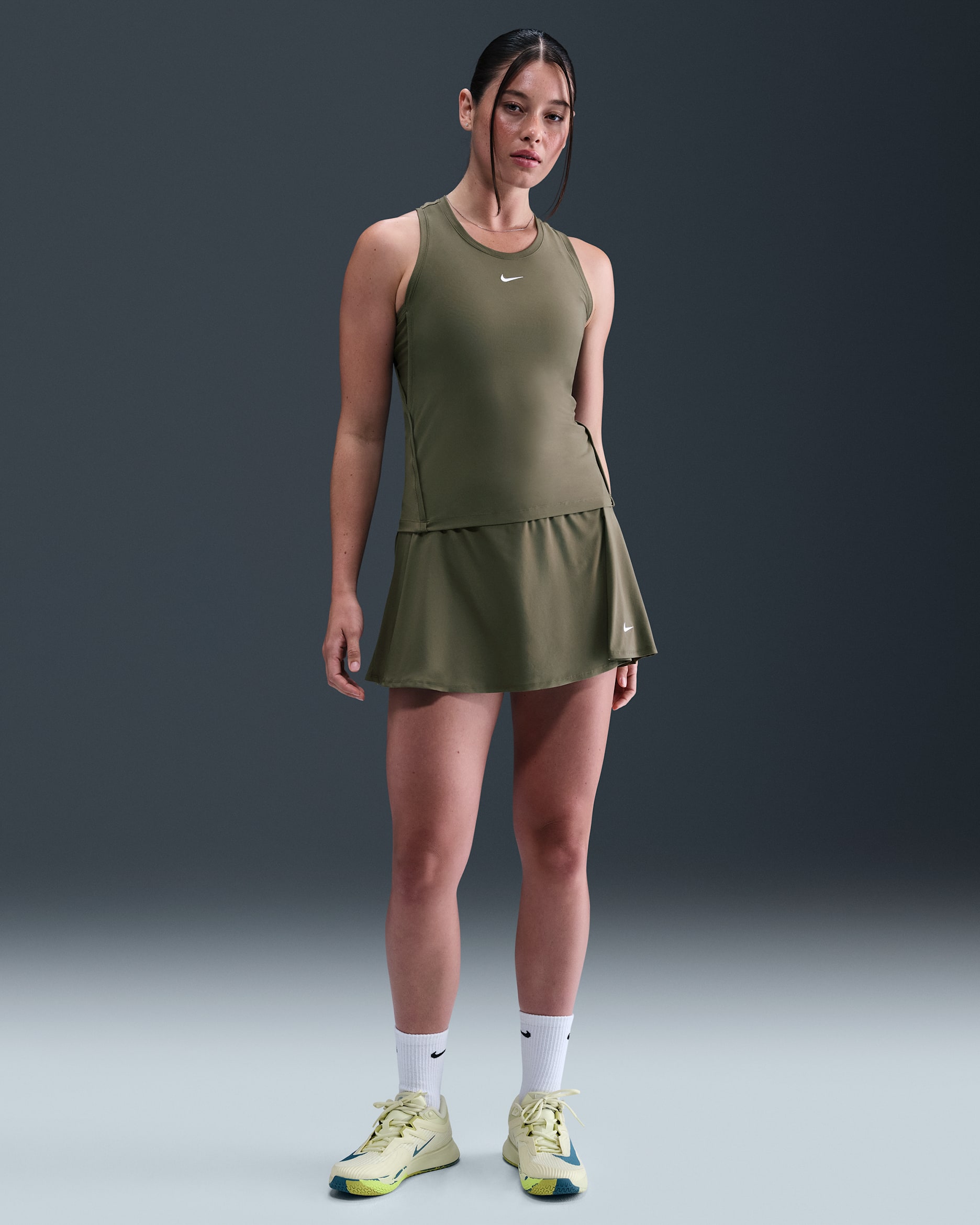 Nike Victory Women's Dri-FIT Short Flouncy Tennis Skirt - Medium Olive/Medium Olive/White