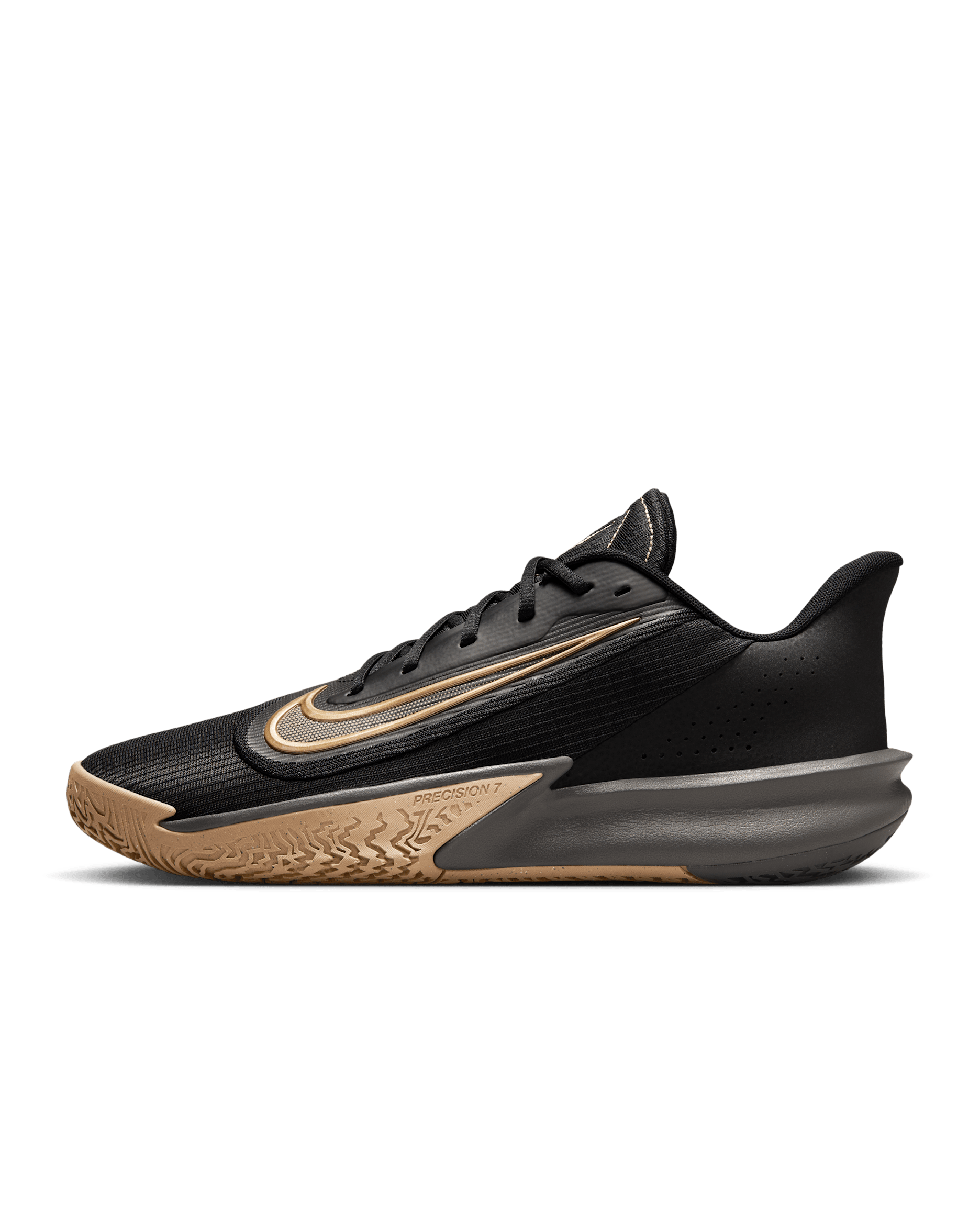 Tenis de básquetbol Nike Precision 7 - Negro/Beige paracaídas/Gris hierro/Oro metalizado