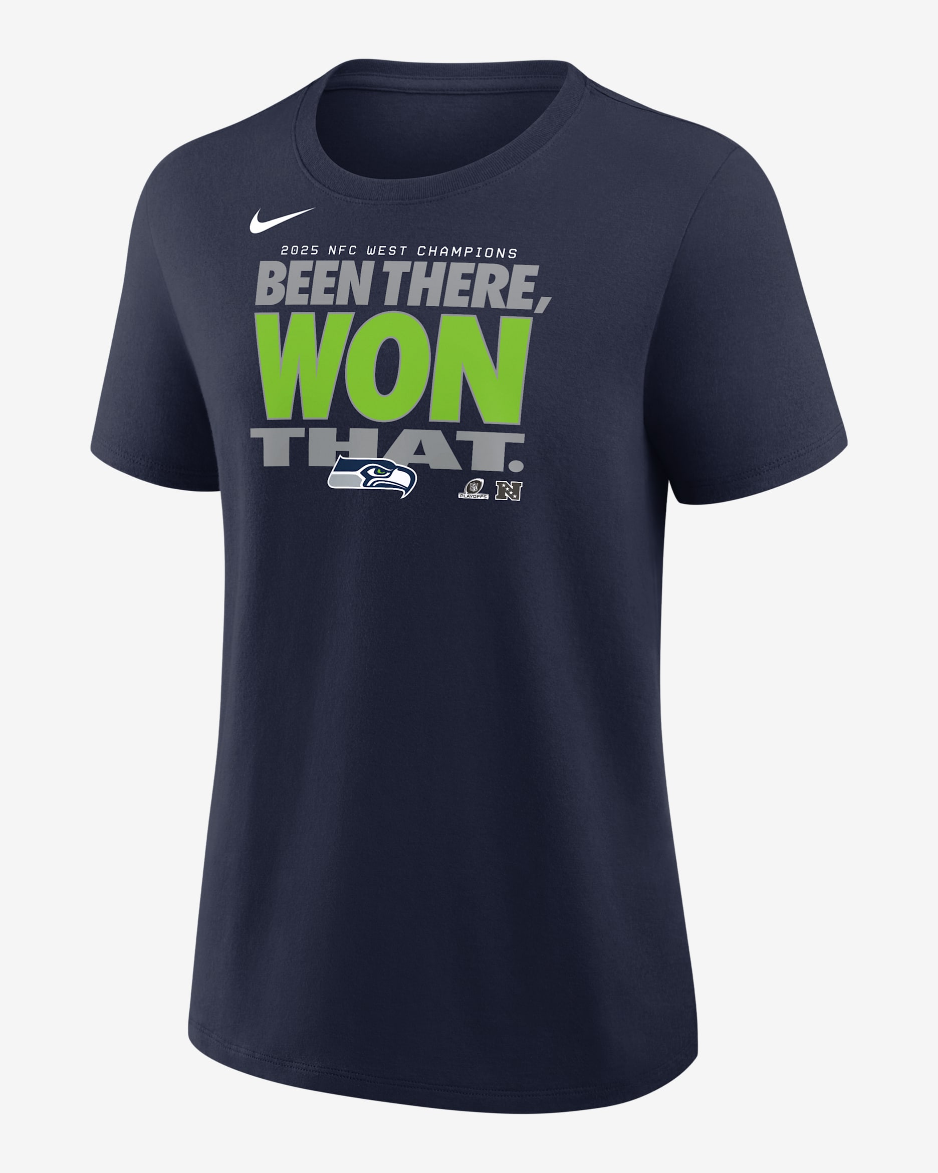 Seattle Seahawks 2025 NFC West Champions Trophy Women's Nike NFL T-Shirt - Navy