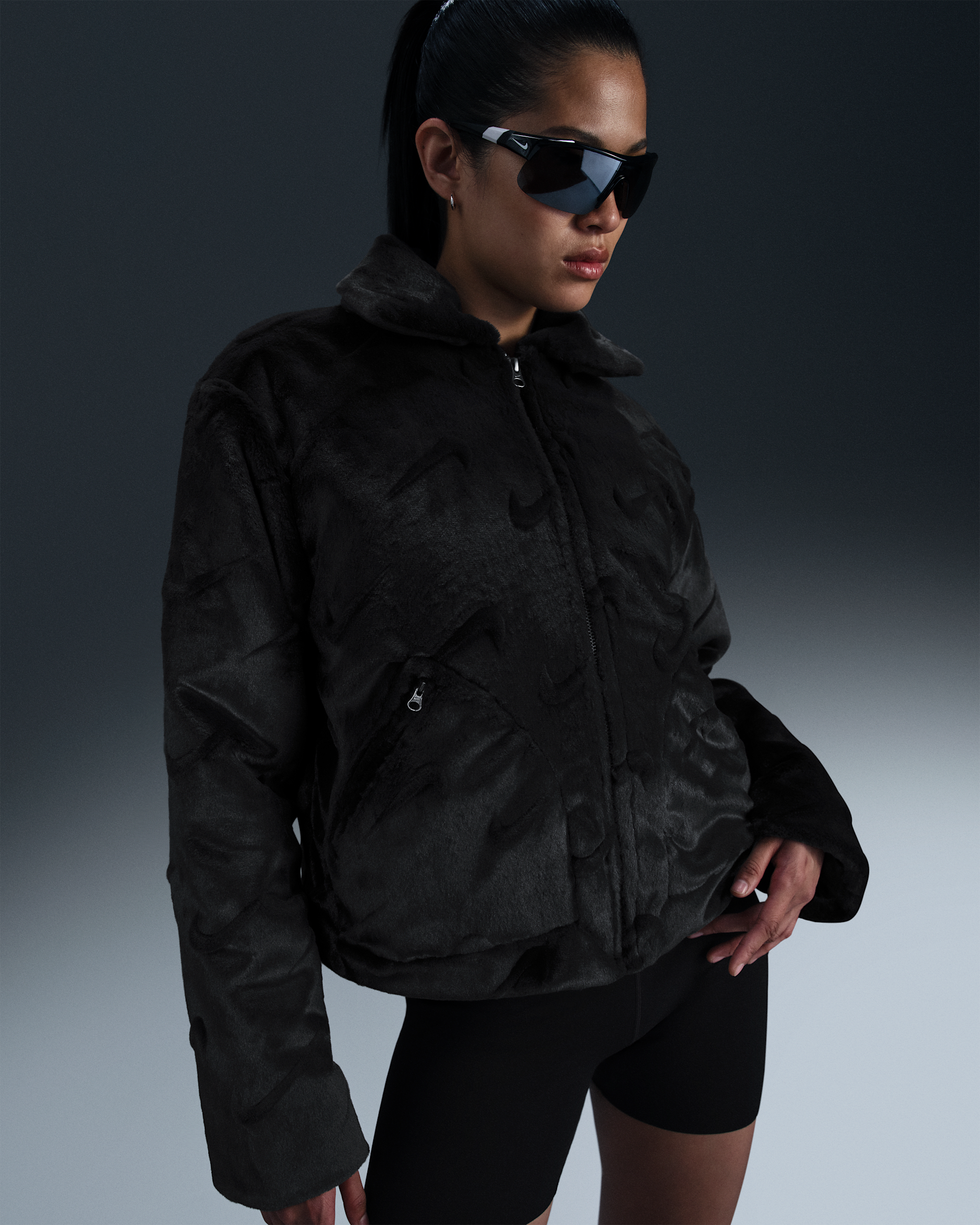 Nike Sportswear Essential Women's Loose Printed Faux Fur Jacket - Black/White