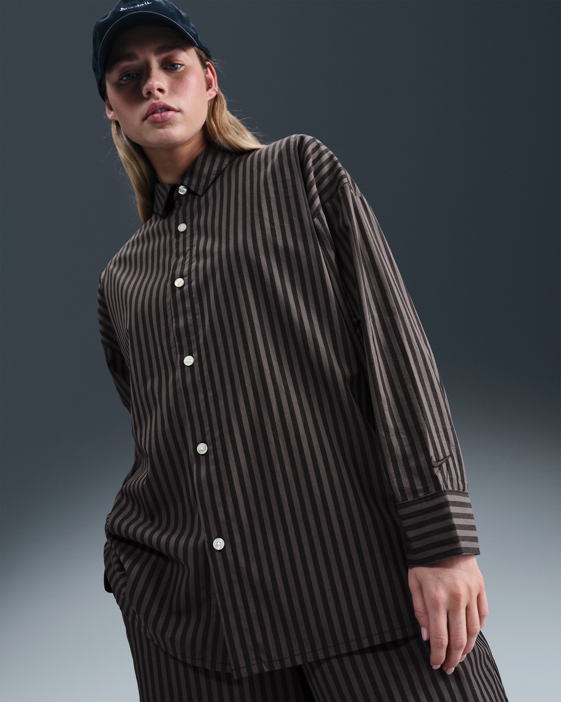 Nike Sportswear Chill Poplin Women's Oversized Striped Button-Down Top - Black/Thunder Grey/Black