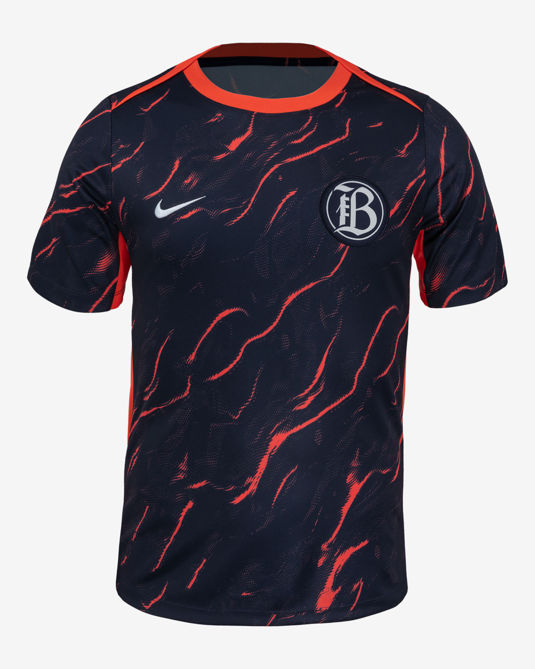 Playera de manga corta Nike de la NWSL para antes del partido para hombre Bay FC 2025 - Coral enérgico/Obsidiana