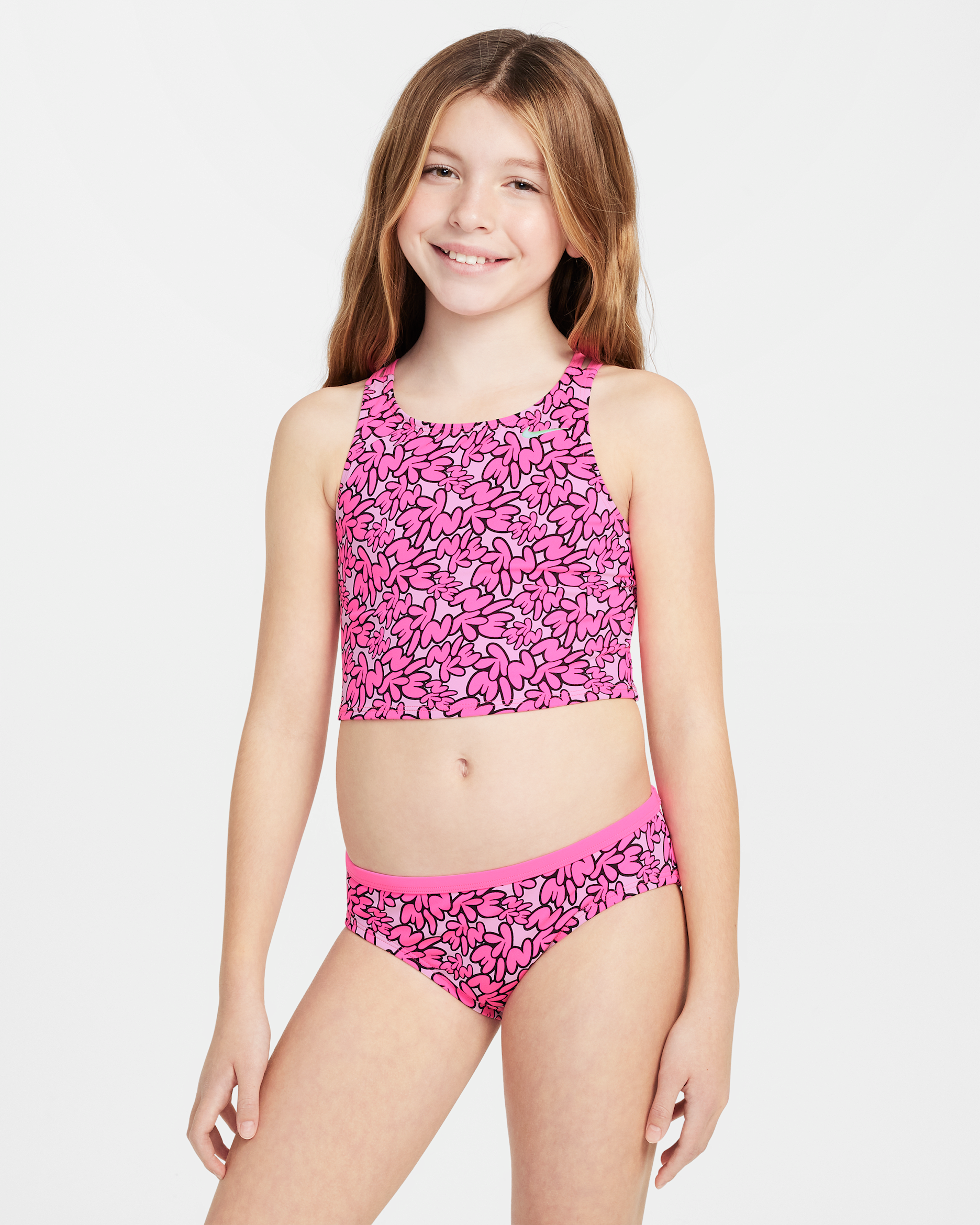 Conjunto de midkini con tirantes cruzados para niña talla grande Nike Swim - Hiperrosa/Espuma rosa