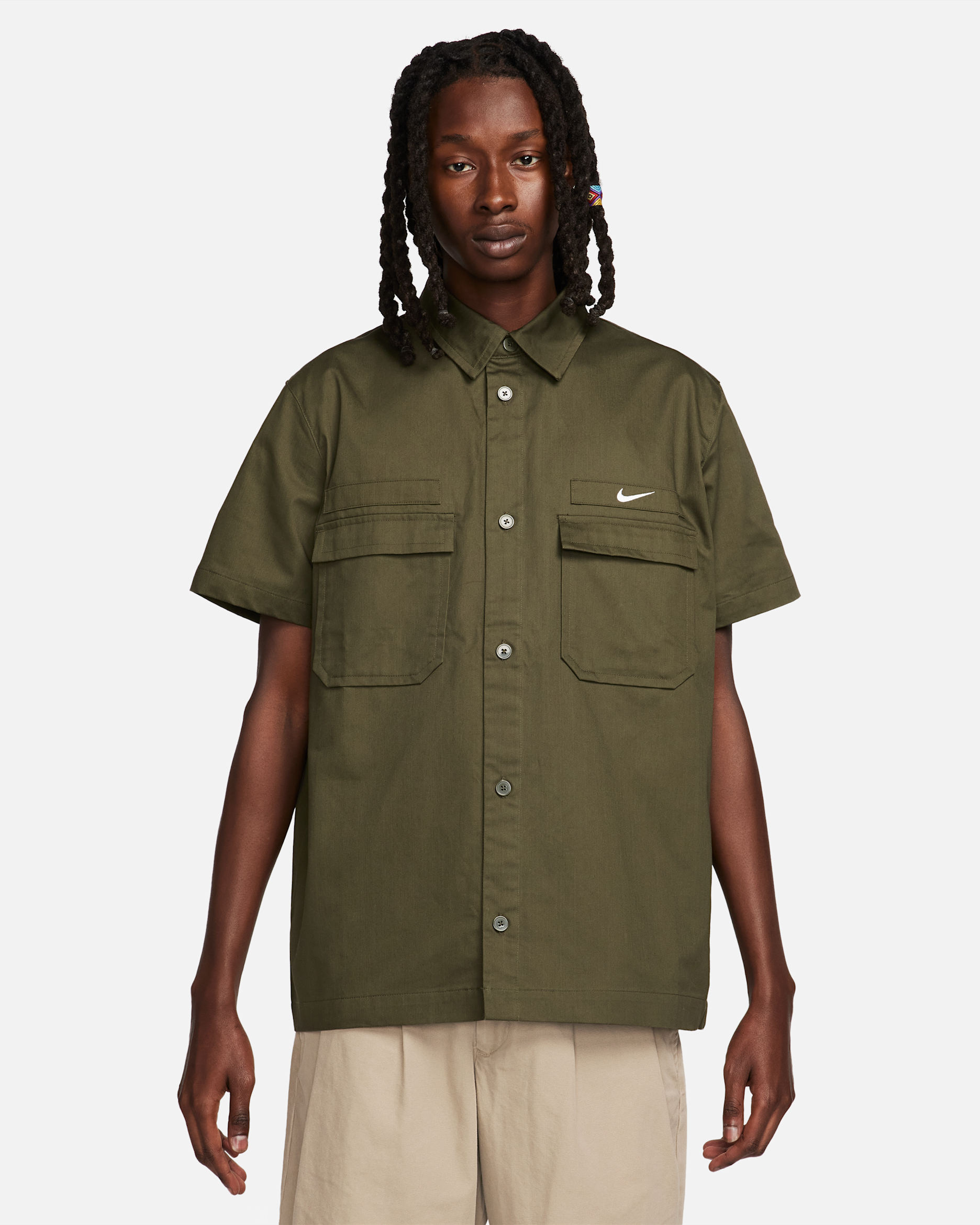 Nike Life Men's Woven Military Short-Sleeve Button-Down Shirt - Cargo Khaki/White