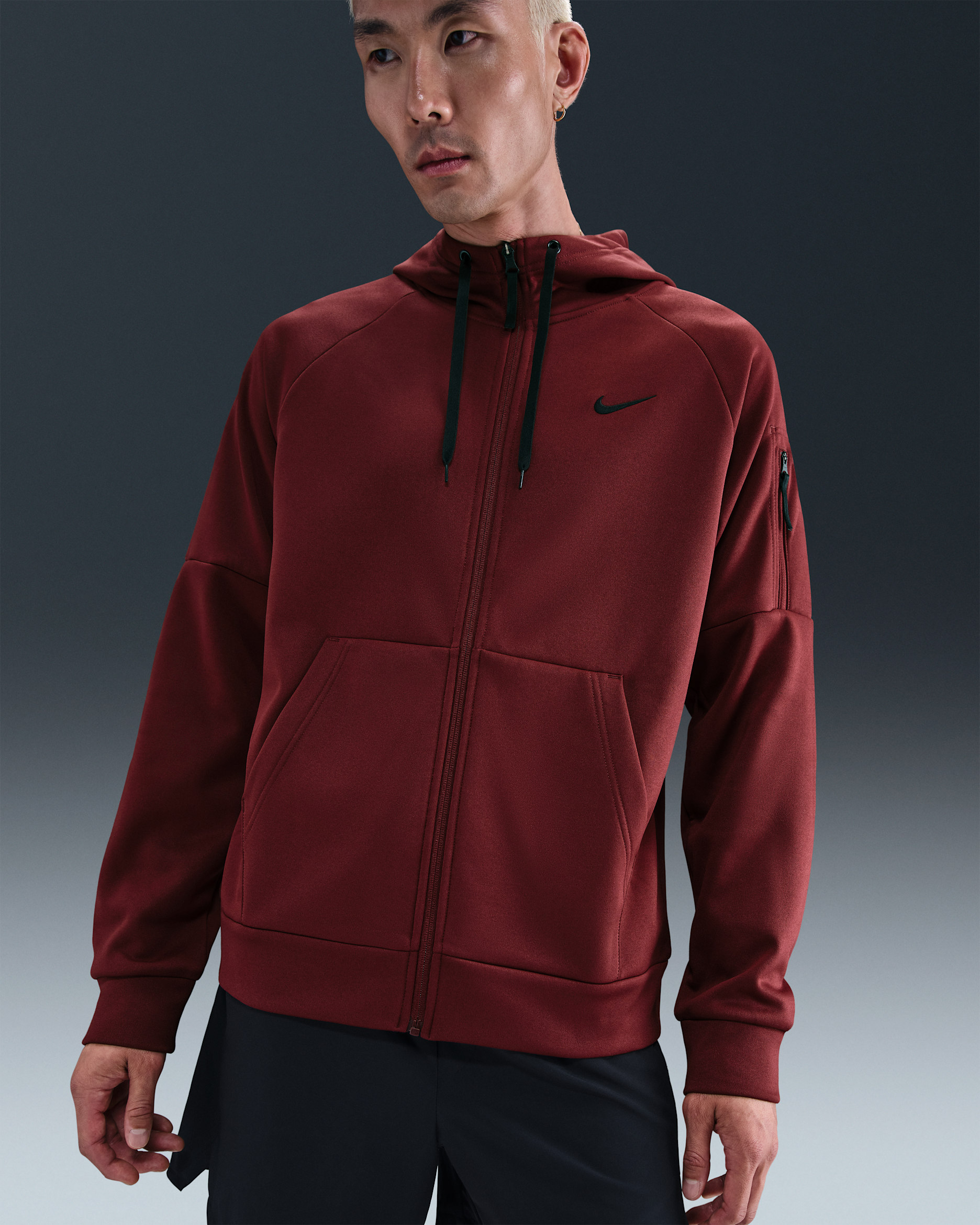 Camisola de fitness Therma-FIT com fecho completo Nike Therma para homem - Vermelho Team escuro/Vermelho Team escuro/Preto