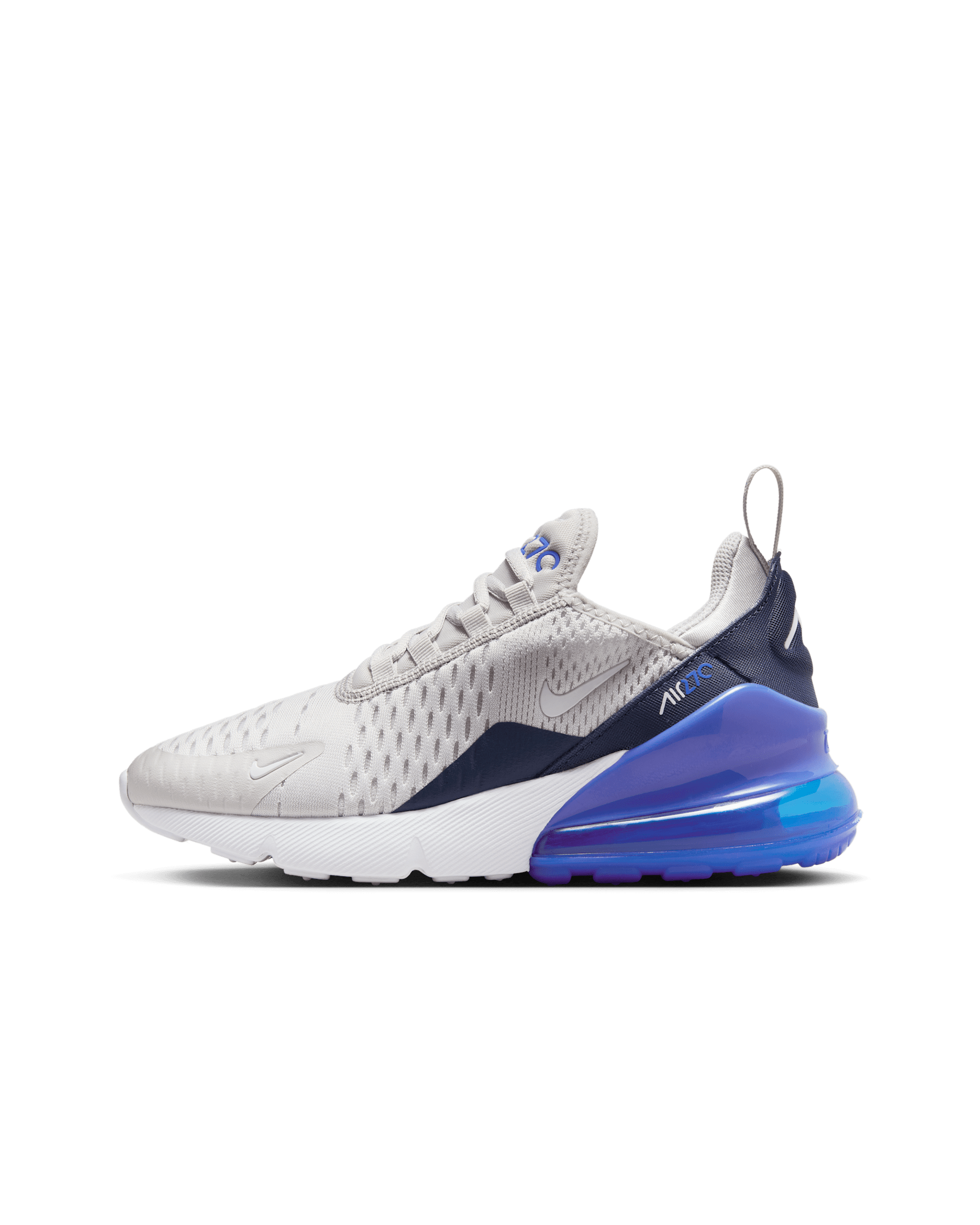 Tenis para niños grandes Nike Air Max 270 - Gris vasto/Hiperroyal/Trueno azul/Blanco