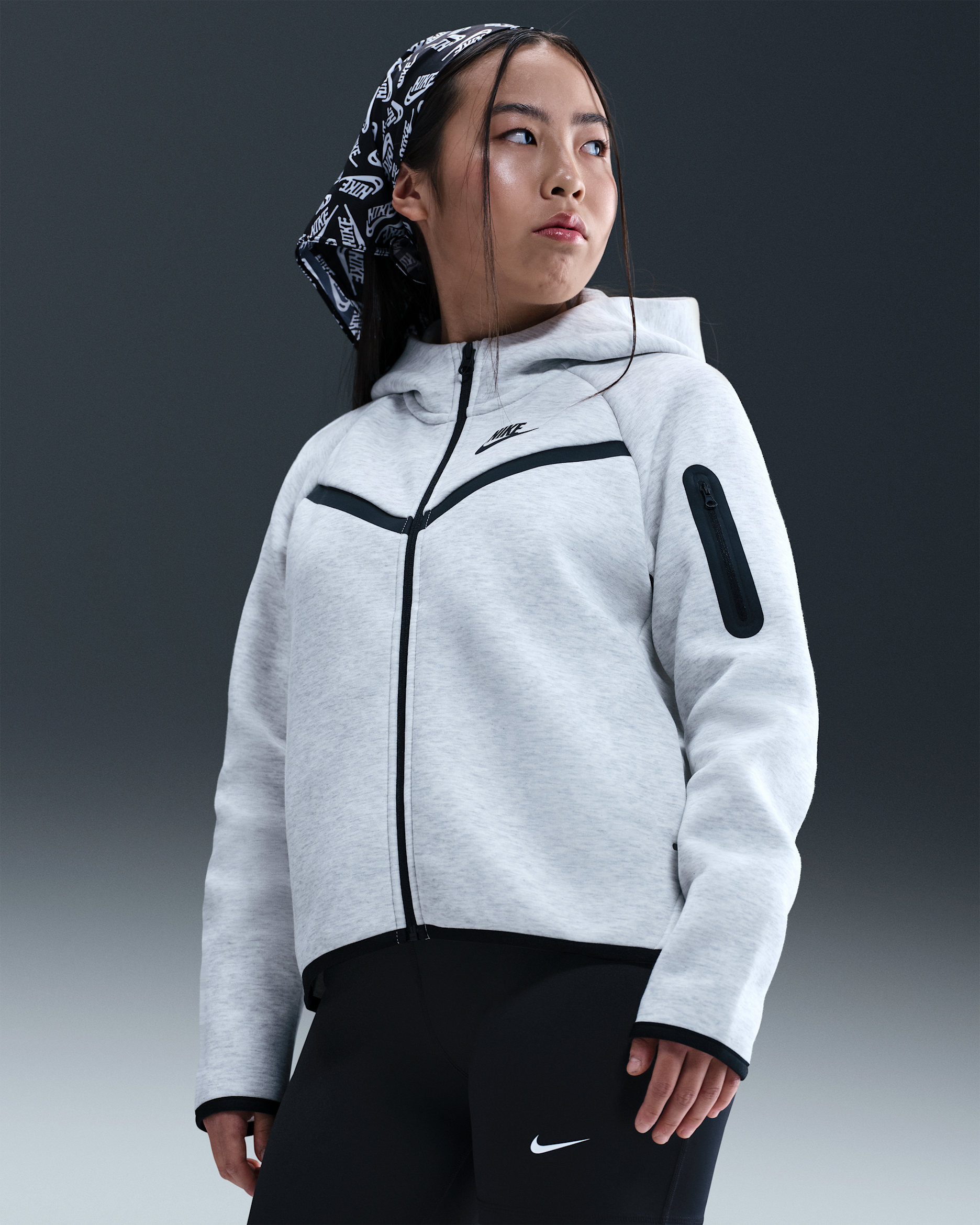 Nike Sportswear Tech Fleece Girls' Full-Zip Hoodie (Extended Size) - Light Grey/Heather/Black/Black